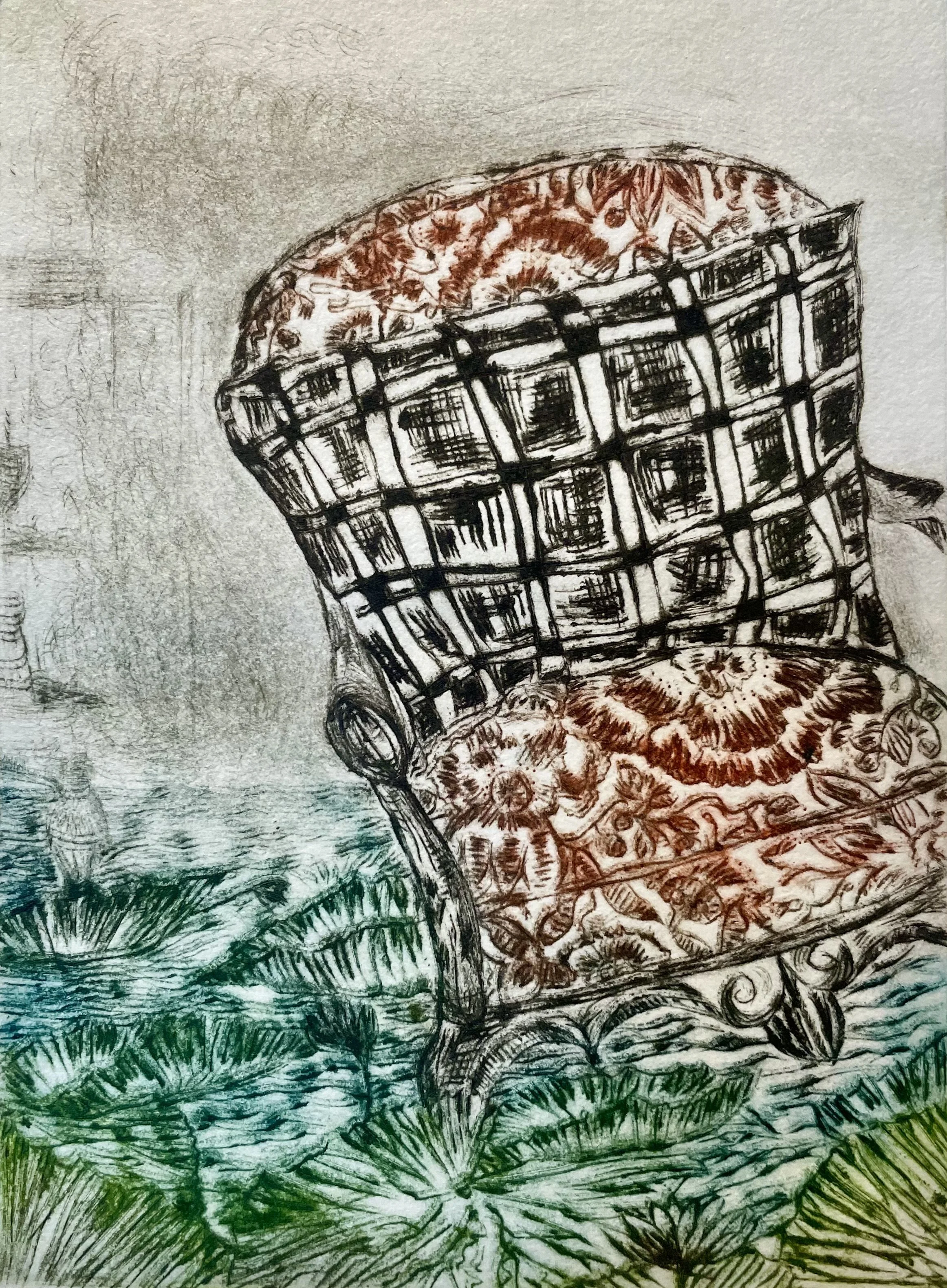 Chair Adrift|Drypoint Print a' la poupee|Arches Hot Press Watercolour Paper|26x21cm