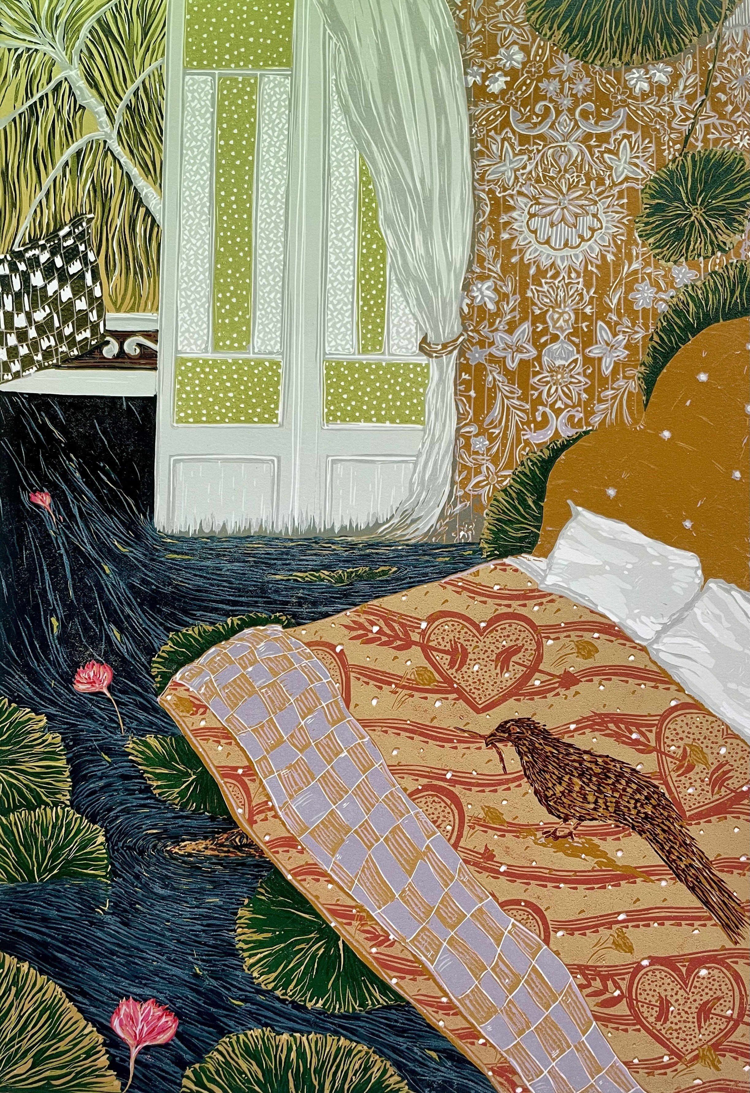 Cuckoo's Nest |Arches 88 Paper|52x38cm|Edition of 5 | available for purchase contact me for details
‘Cuckoo’s Nest’ reveals the bedroom as a landscape shaped by the shifting contours of our relationships. A floating bed draped in childlike hearts and