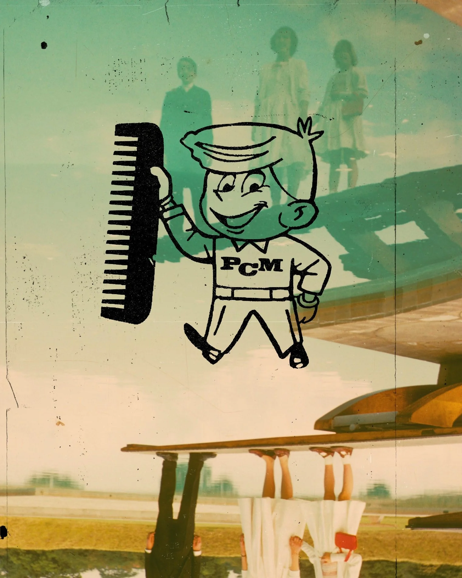A cartoon drawing of a smiling boy with a hairstyle, wearing a shirt with 'PCM' written on it, holding a large comb, is placed on a window. Reflected in the window are several people's legs and feet, and their upper bodies are behind the window, with