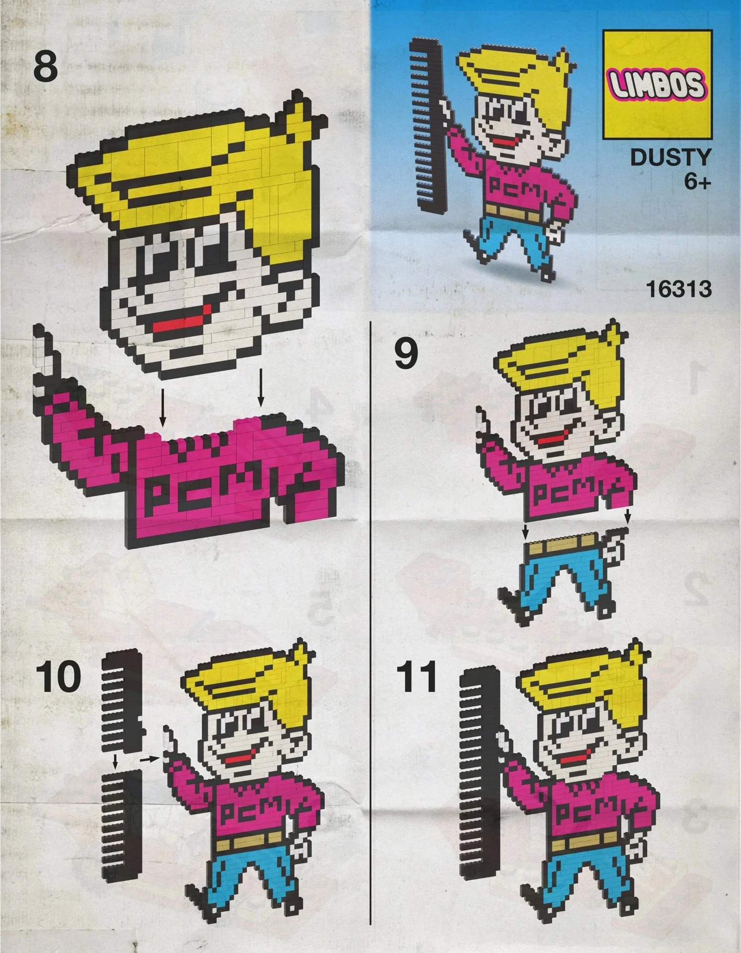 Step-by-step instructions for creating a pixel art image of a cartoon character with blonde hair, pink shirt with 'PEM' written on it, blue pants, holding a black comb, with four stages numbered 8 to 11, showing the progressive assembly of the pixel
