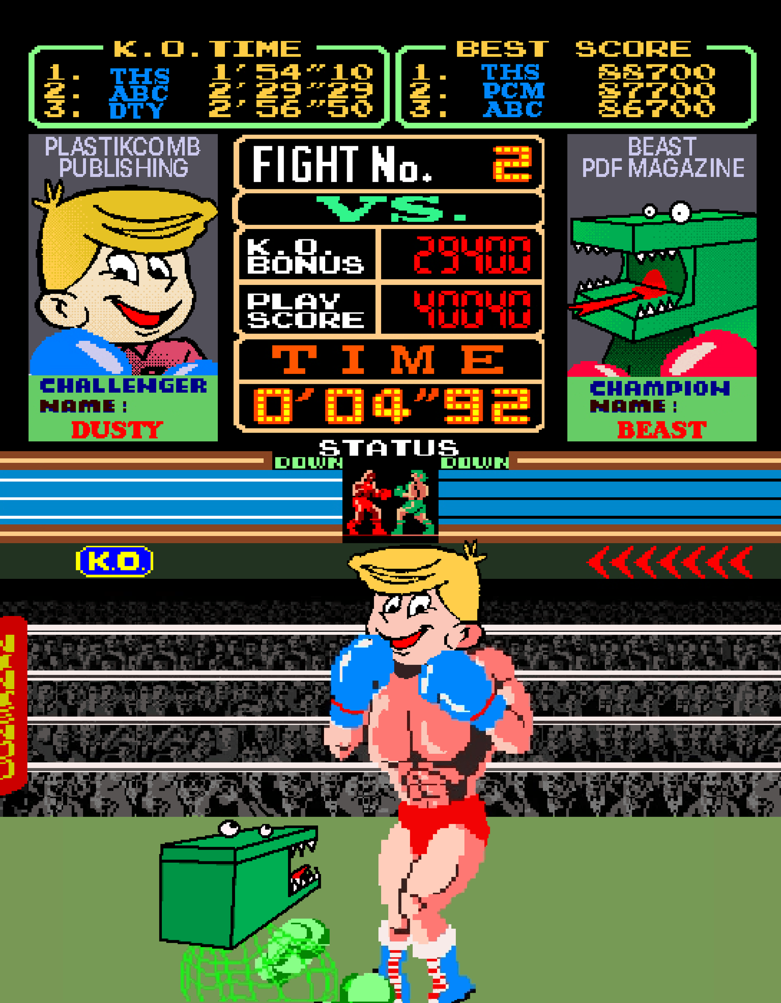 Pixelated boxing video game scene showing a boxer with blue gloves and red shorts celebrating a victory, with a scoreboard, referee, and crocodile mascot in the background.