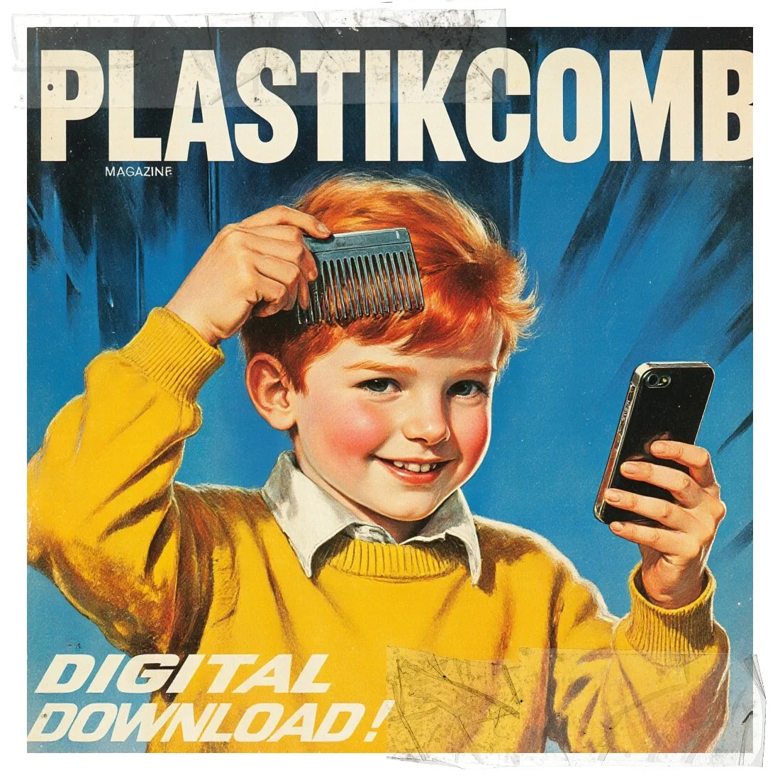 A young boy with red hair, wearing a yellow sweater over a collared shirt, is smiling while holding a comb in one hand and a smartphone in the other. The background is blue with an illustrated style, and the text on the image reads "PLASTIKCOMB MAGAZINE" and "DIGITAL DOWNLOAD!".