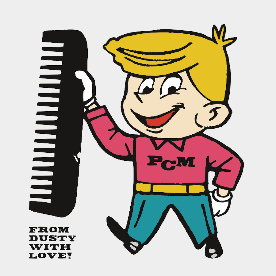 A cartoon boy with blond hair in a pink shirt with 'PCM' on it, holding a large black comb, smiling and standing with one hand on his hip.