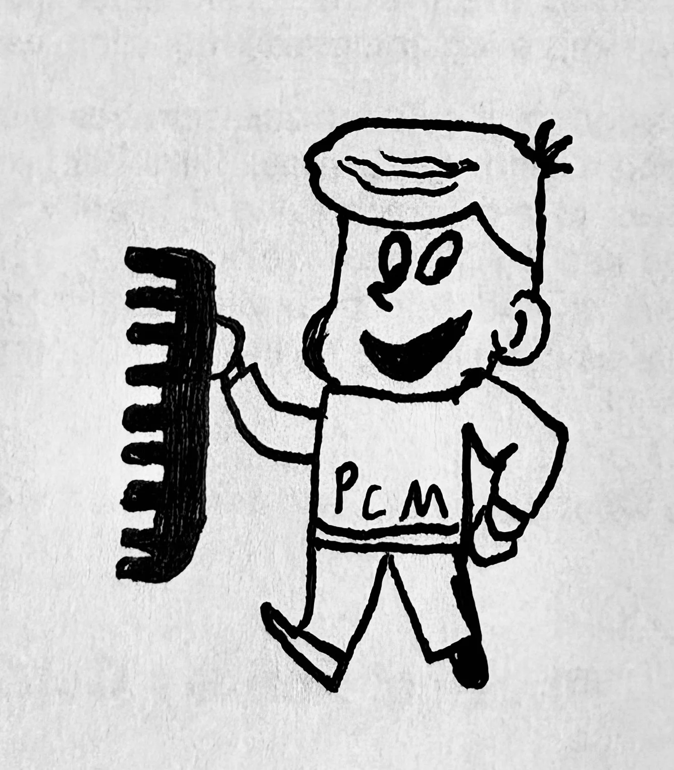 A hand-drawn cartoon character with a big smile, wearing a shirt with 'PCM' on it, holding a large comb in one hand, and standing with one foot raised.