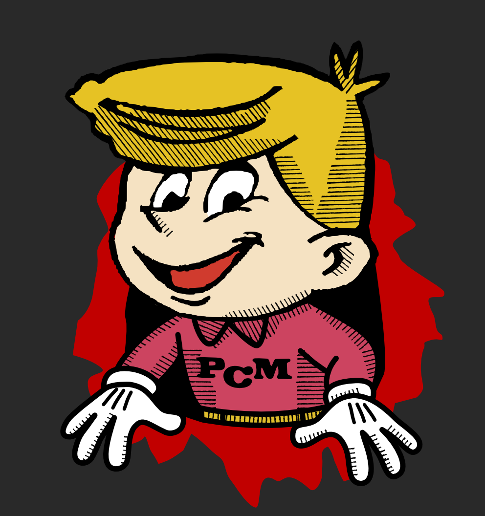 A cartoon character with blond hair, wearing a pink shirt with 'PCM' and white gloves, smiling and leaning forward.