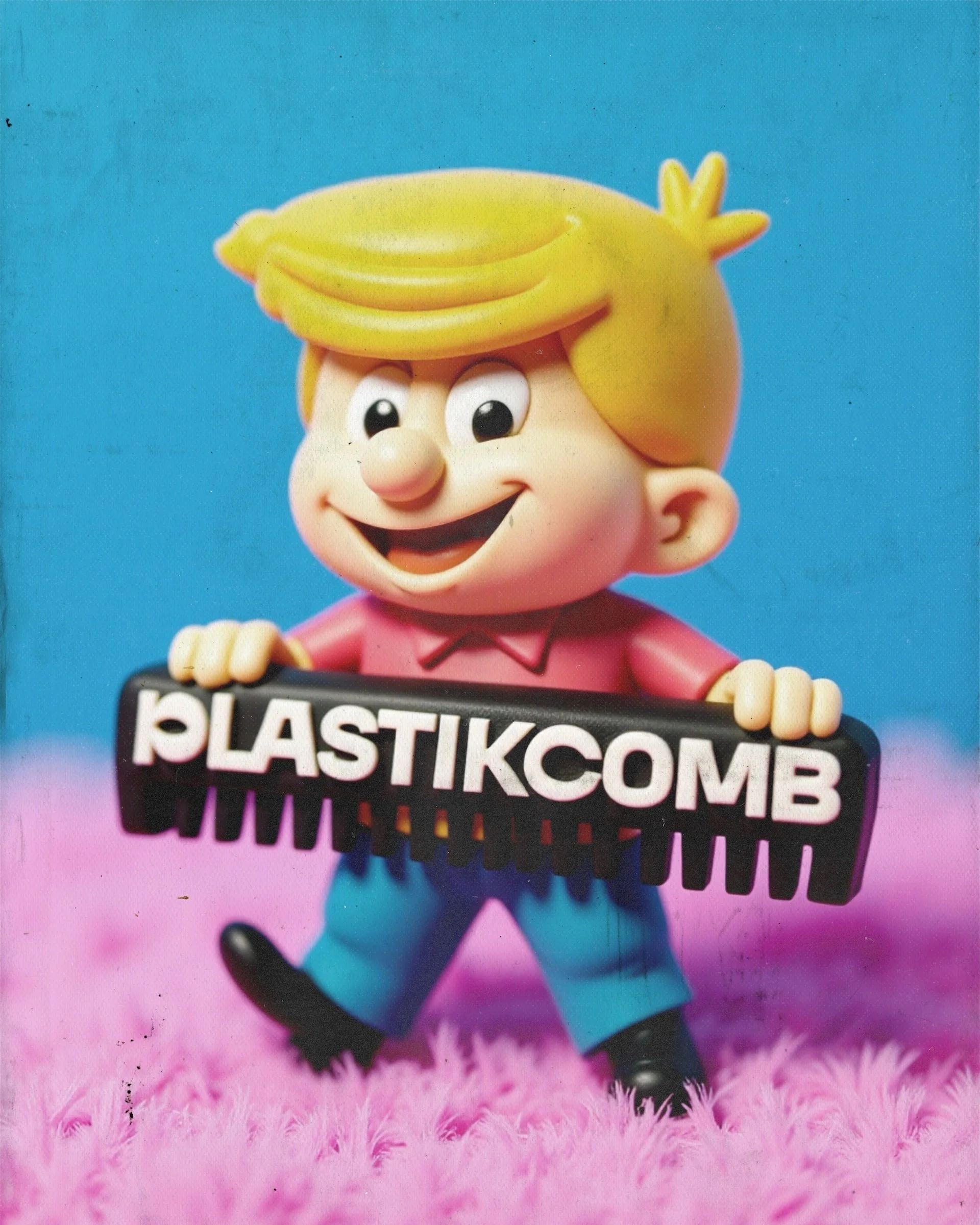 A colorful toy figure of a cheerful boy with blonde hair holding a black sign that reads "PLASTIKOMB" in white letters, standing on pink fuzzy surface with a blue background.