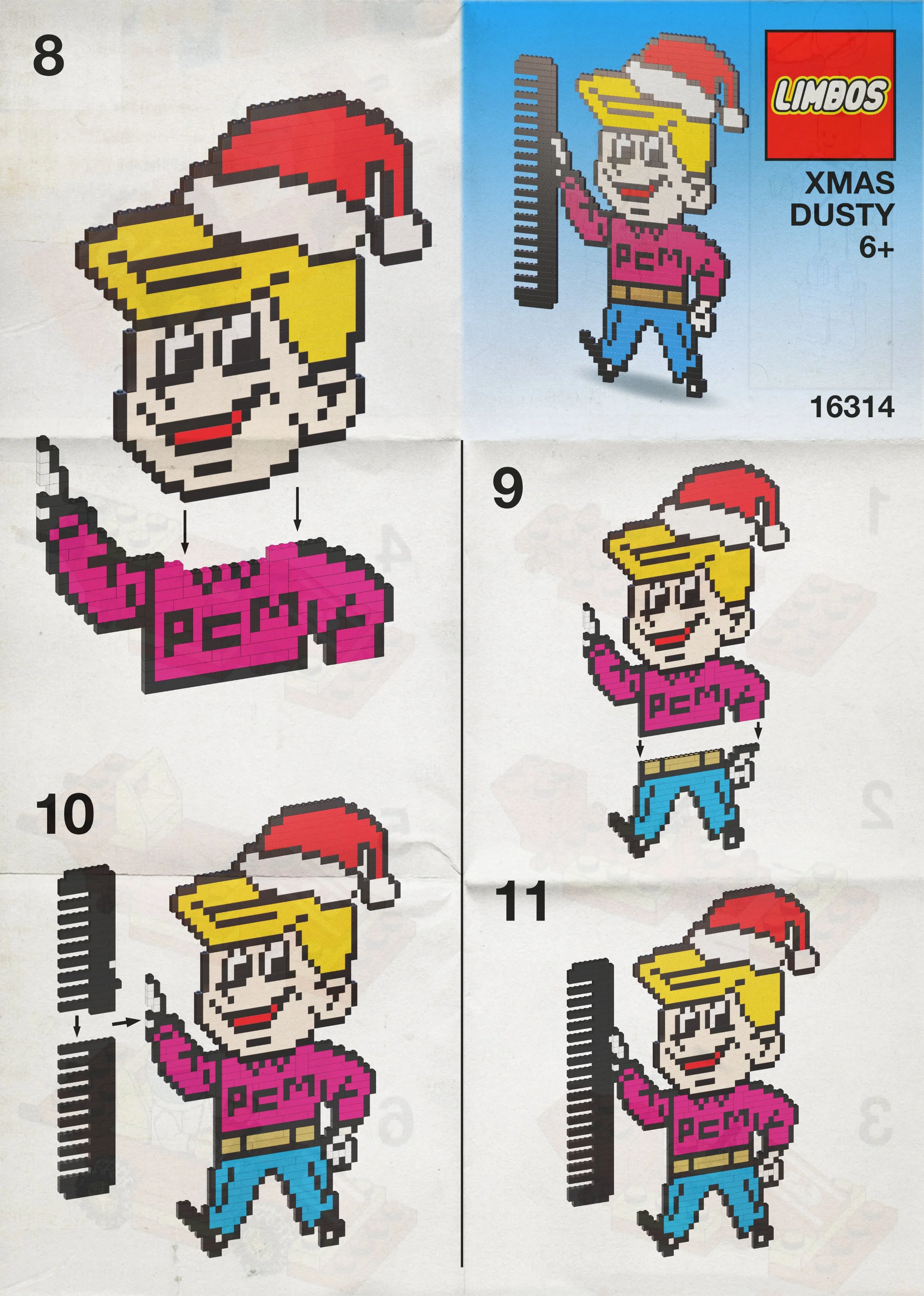 Pixel art illustrations of a cartoon girl with blond hair, wearing a red Santa hat, pink sweater with 'pcm' written on it, blue pants, and black shoes. She is holding a pink comb in one hand. The illustrations show different angles and details of her