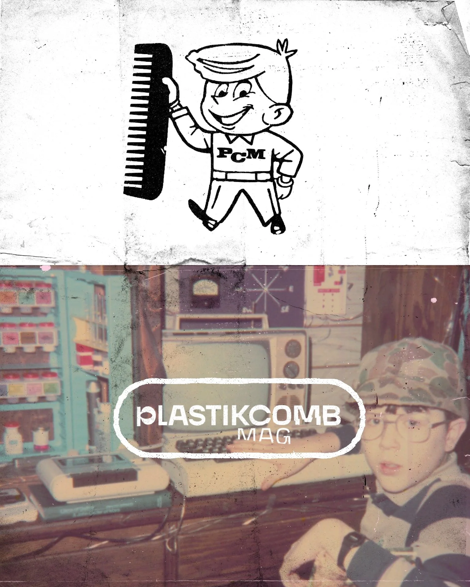 A black-and-white cartoon drawing of a boy with a comb and PCM shirt in the top half. The bottom half shows a young boy wearing camouflage hat, glasses, and striped shirt sitting in front of vintage electronic equipment with a sign that reads 'PLASTI