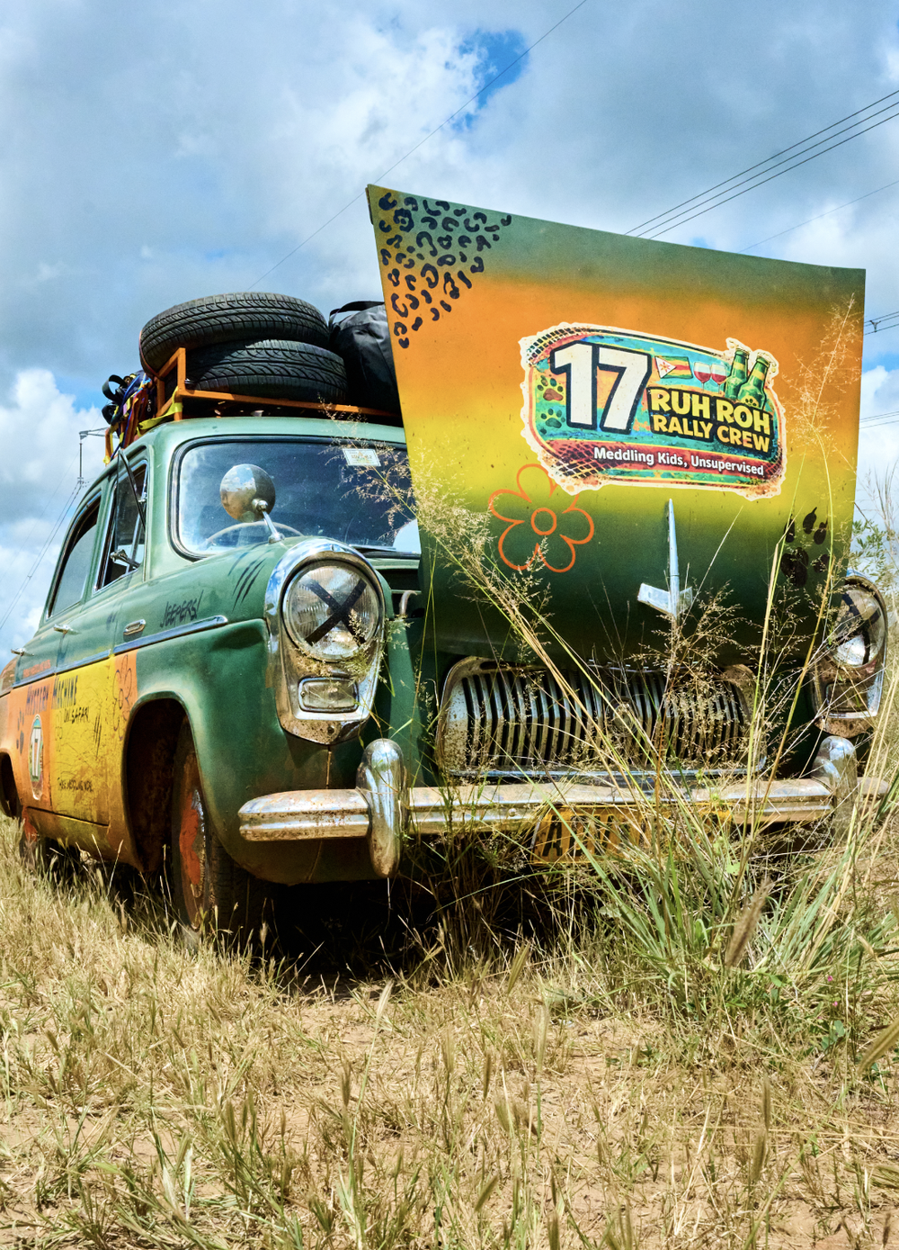 A green and yellow rally car parked in long grass.