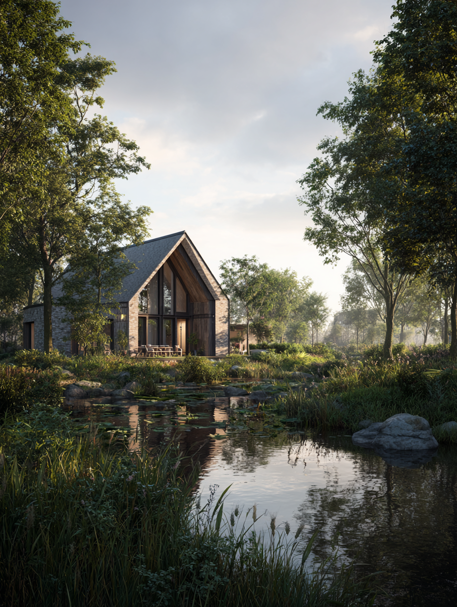 A modern house with a steeply pitched roof, large glass windows, and surrounded by trees and a pond in a natural setting during daylight.