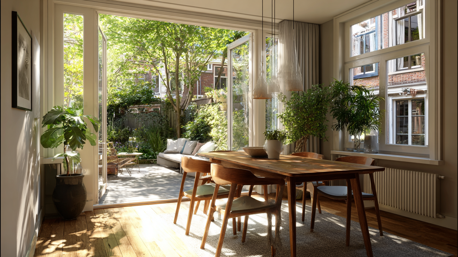 Living room with large open windows and door to outdoor garden patio, wooden dining table with chairs, potted plants, and sunlight streaming in.