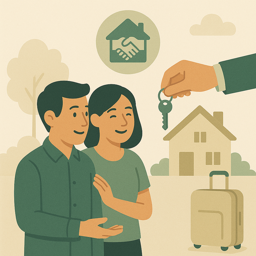 A couple receiving house keys from a real estate agent, symbolizing a home purchase, with a house and suitcase in the background.