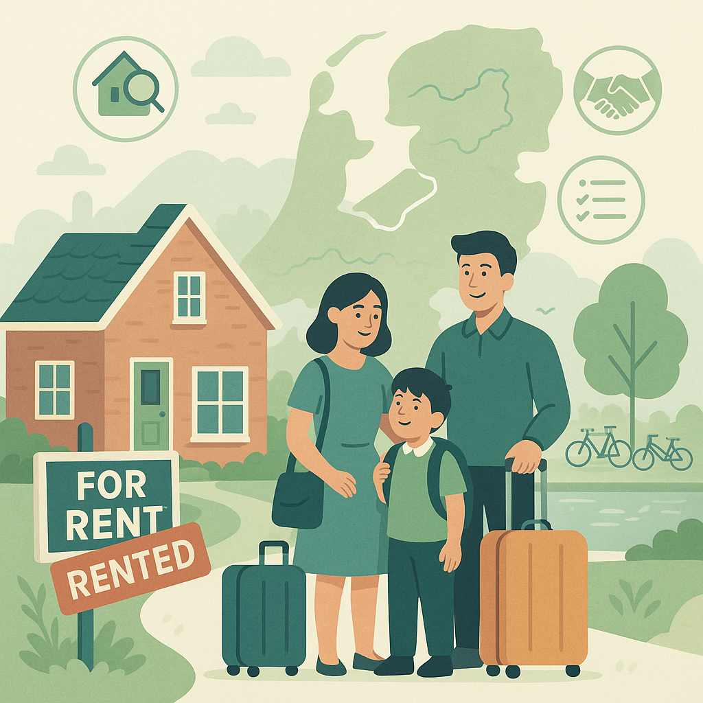 A family with a woman, a man, and a boy standing with luggage outside a house, with a 'For Rent' sign that is marked as 'Rented,' indicating they have rented the house.