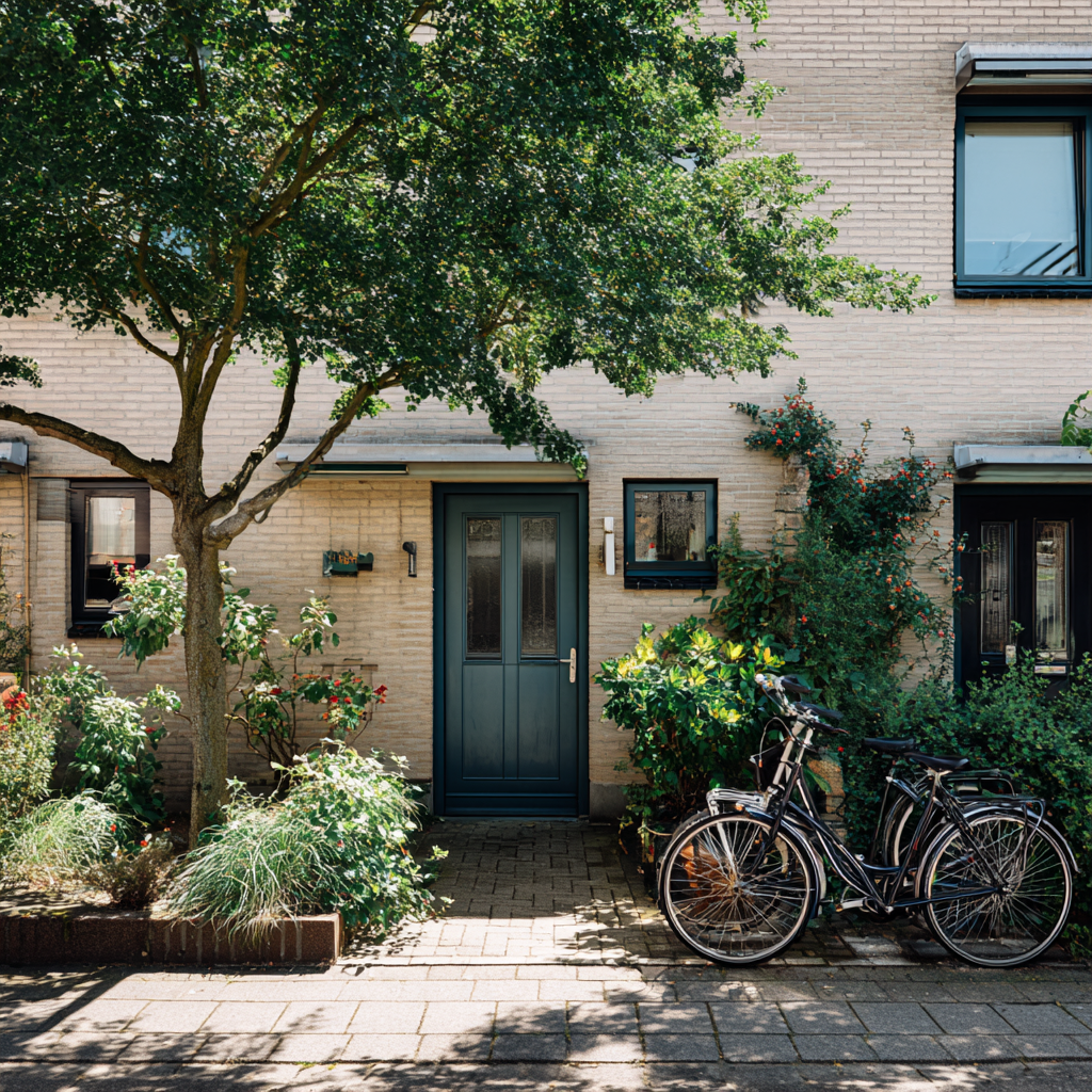 Front door of a modern brick house with two bicycles parked beside a lush garden and a large tree casting shadow