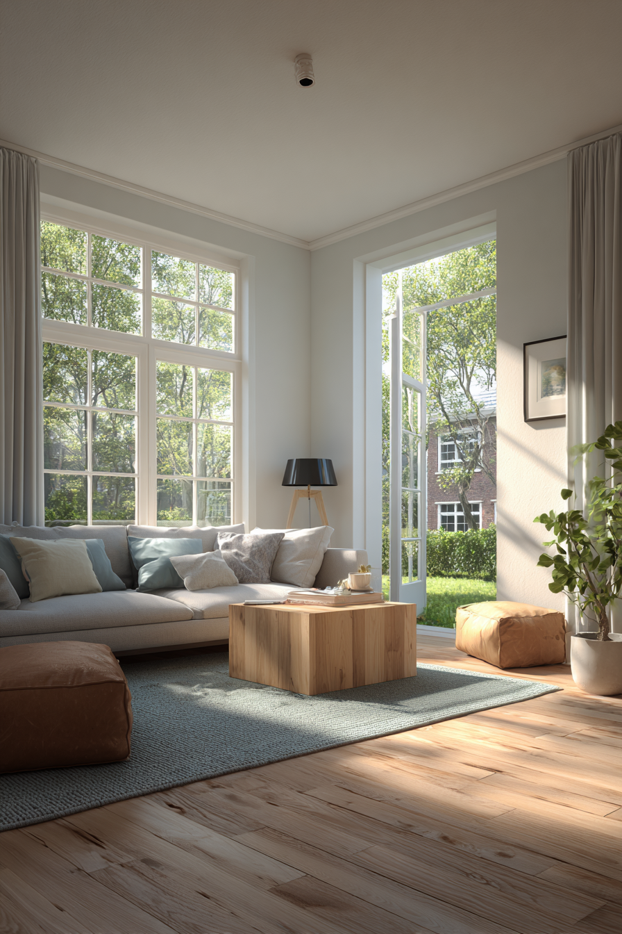 Bright living room with large windows, white sofa with cushions, wooden coffee table, potted plant, and open door revealing greenery outside.