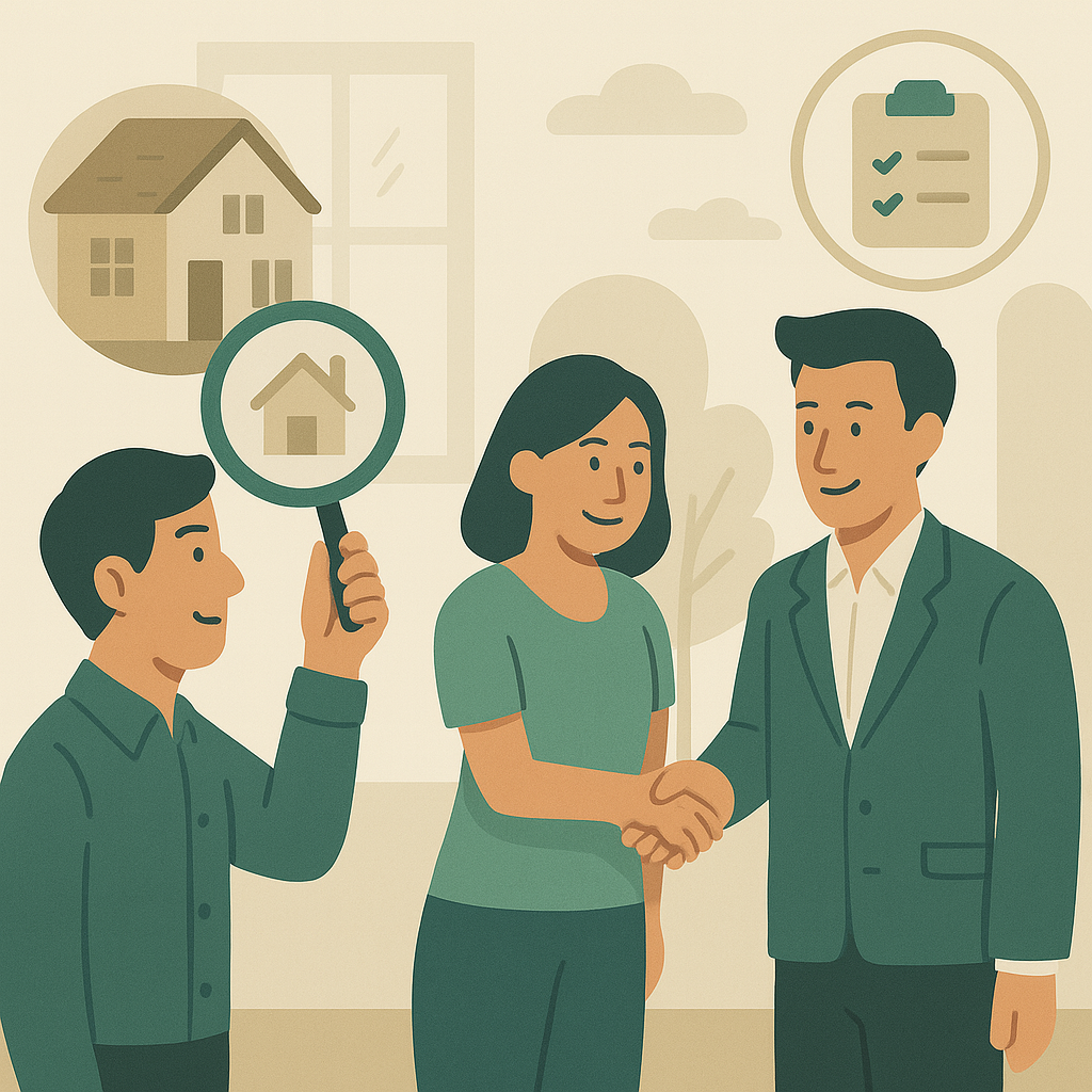Illustration of a woman shaking hands with a man in a suit, with another man holding a magnifying glass showing a house, and a clipboard with checkmarks in the background.