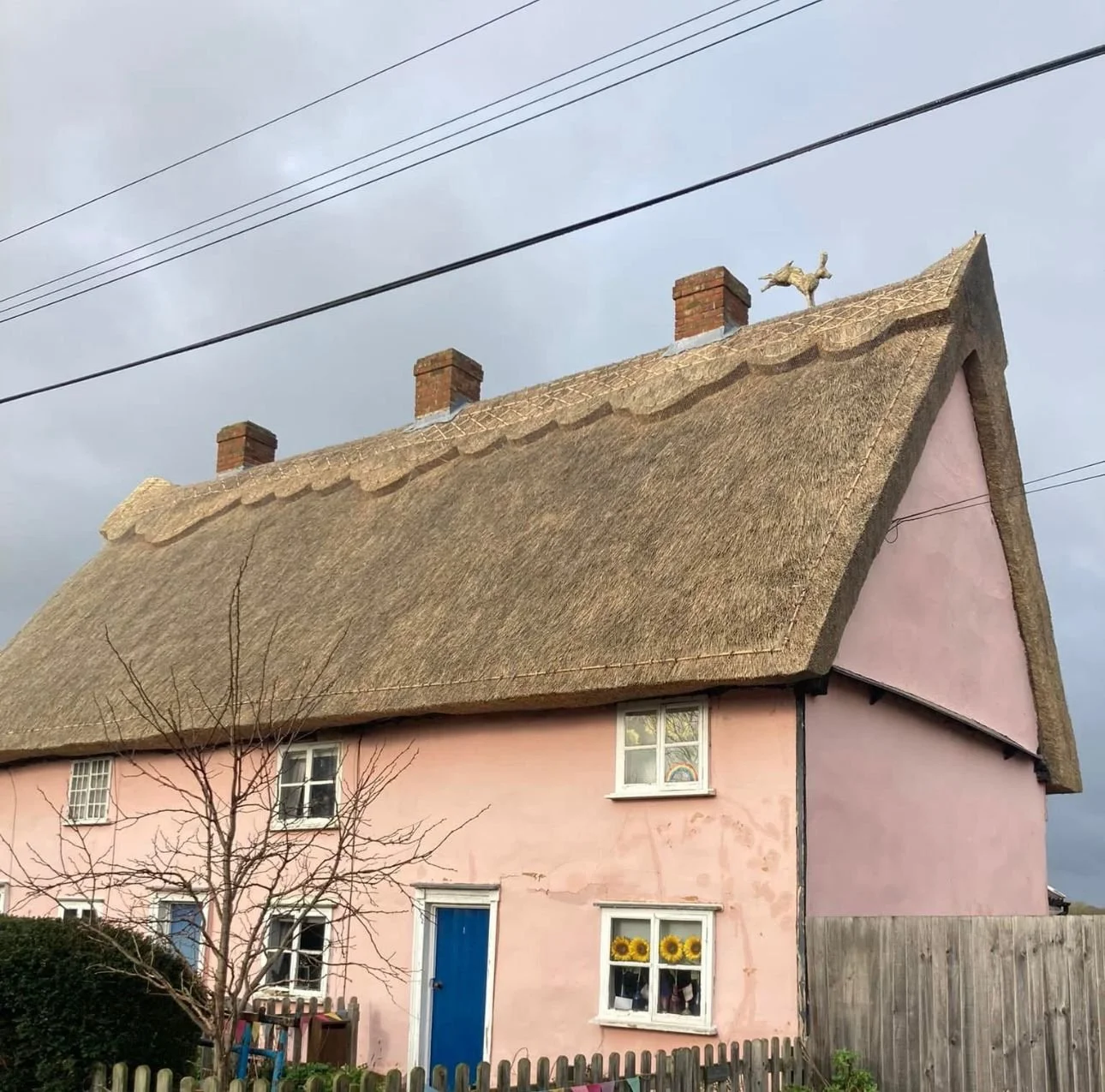 A pink cottage with a thatched roof, three brick chimneys, and decorative weather vane on top. The house has white-framed windows, some with sunflower decorations, and a blue front door. A leafless tree is in the yard, and a wooden fence surrounds th