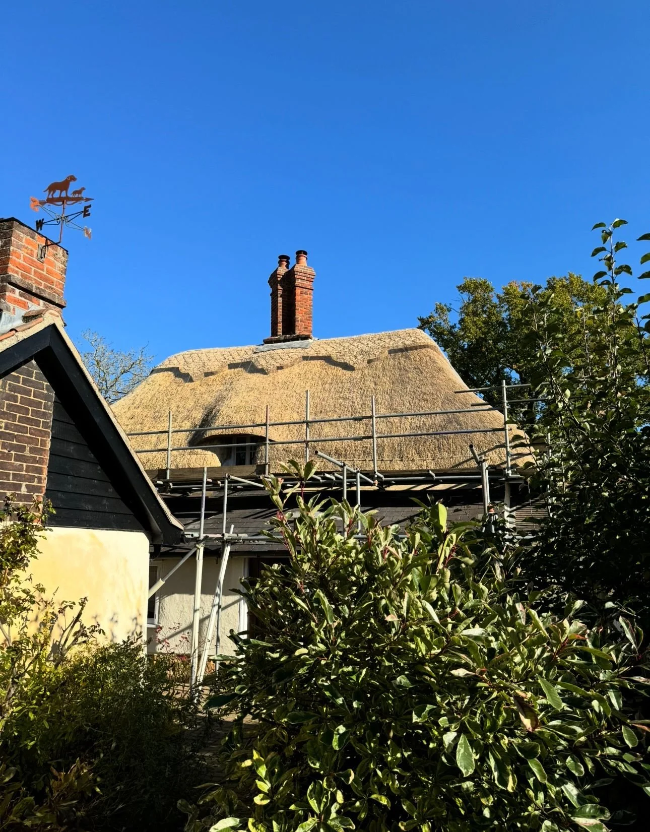 House with a thatched roof under a clear blue sky, surrounded by greenery, with scaffolding around the roof and a chimney visible.