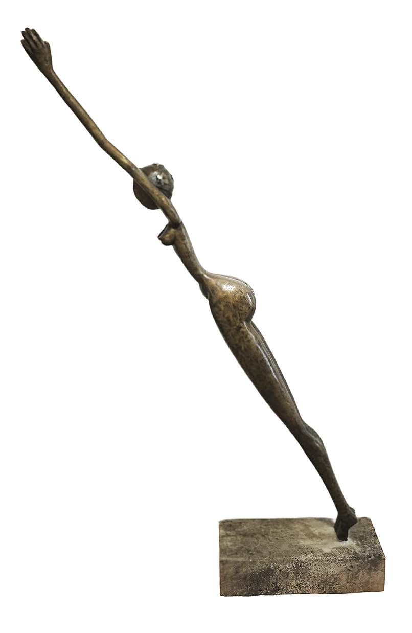 Sculpture abstraite en métal représentant une figure humaine stylisée en position de saut ou d'extension, fixée sur une base en béton.