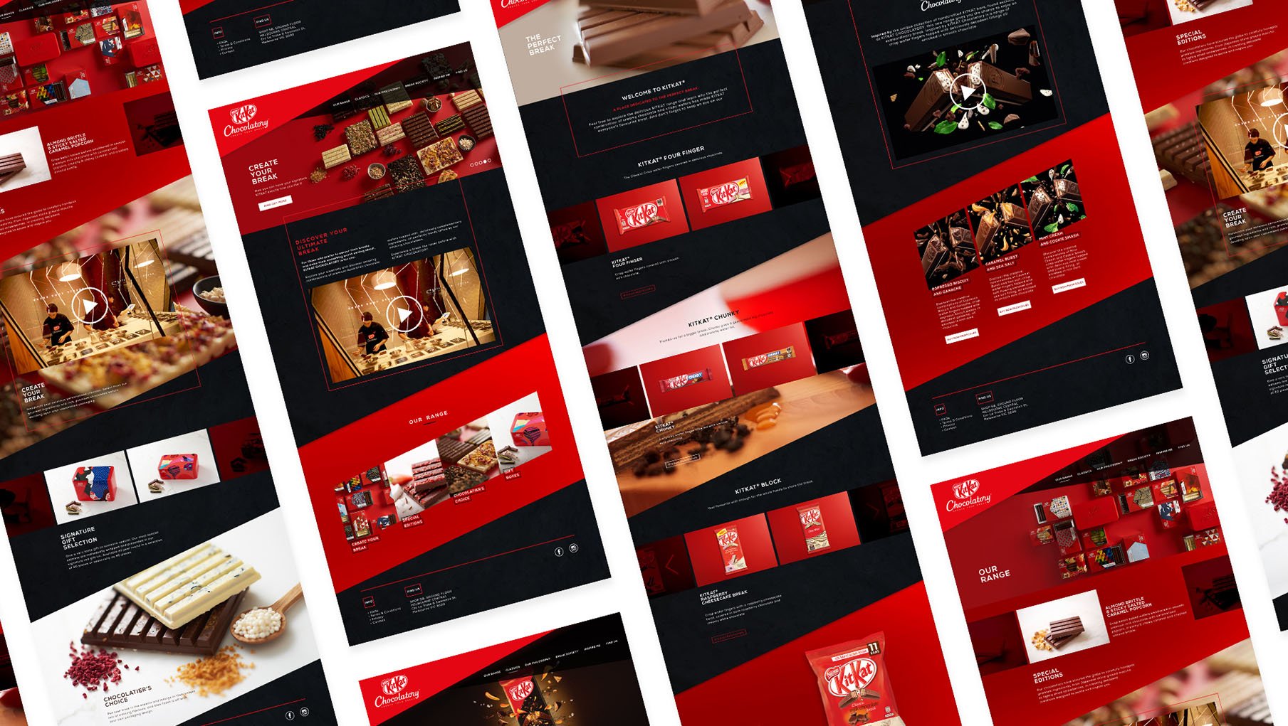 Multiple screenshots of a chocolate product website with a red and black theme, featuring chocolate bars, packaging, and promotional videos.