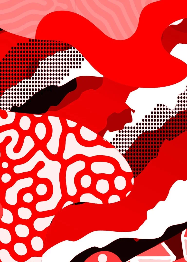 Abstract artwork featuring red, white, black, and pink shapes with patterns and fluid forms.