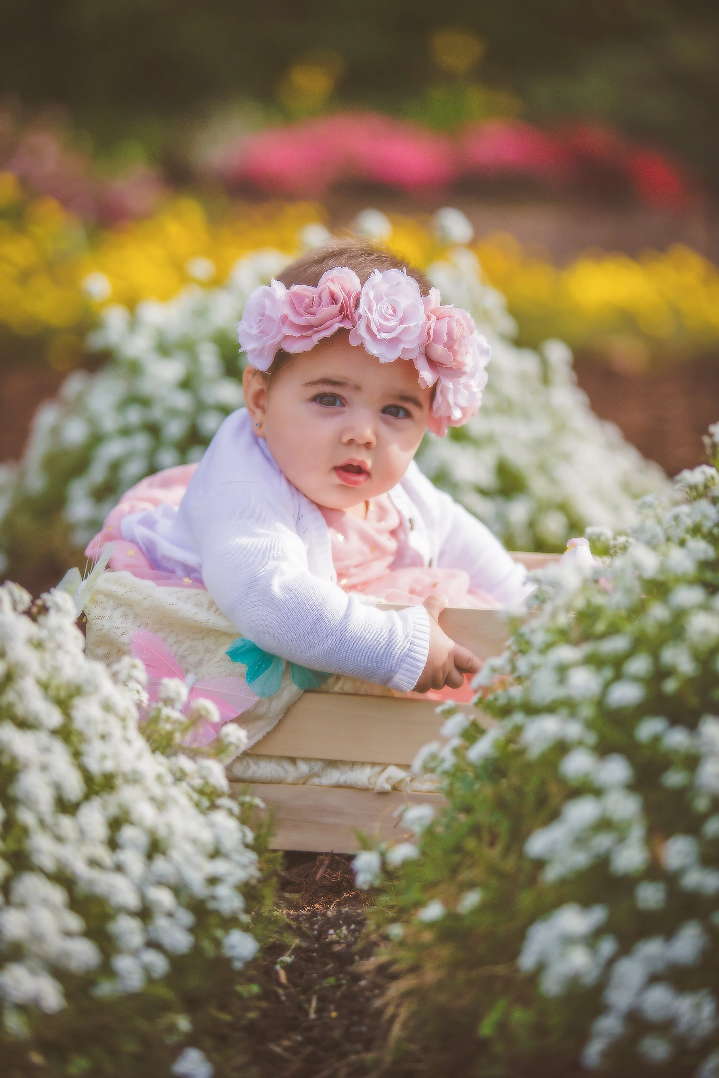 A baby girl with a flower crown made of pink roses, sitting in a wooden wagon surrounded by white flowers in a garden.