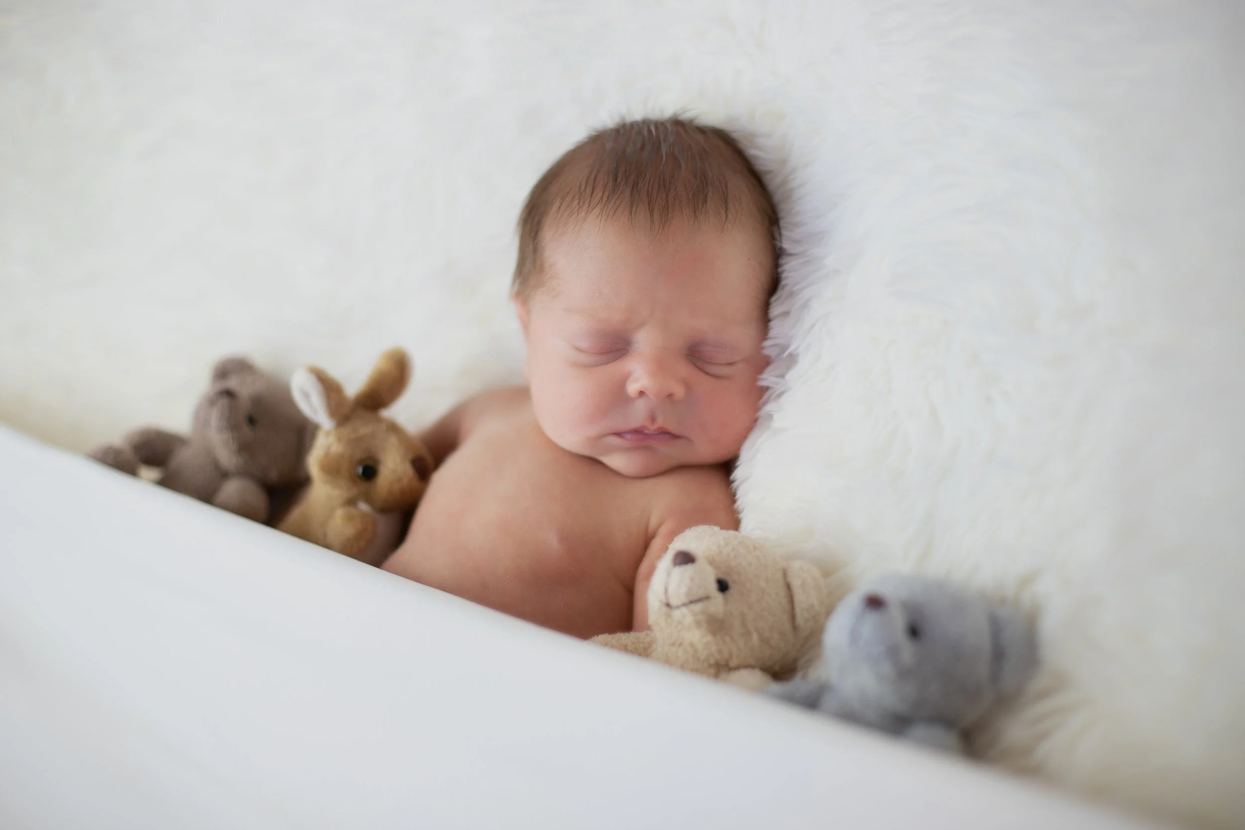 A sleeping newborn baby with brown hair, resting on a fluffy white pillow, surrounded by plush teddy bears and rabbits.