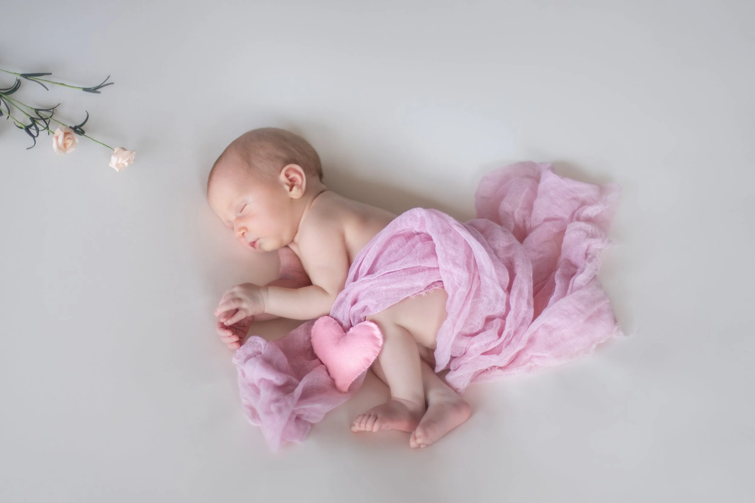 A newborn baby sleeping on a white surface, wrapped in a pink cloth with a pink heart on the diaper, and a sprig of pink roses in the top left corner.