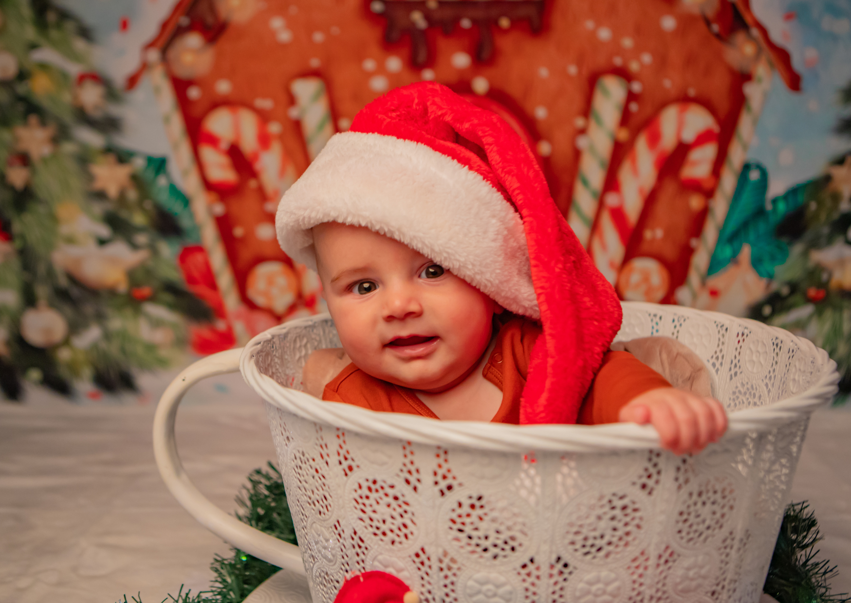 Baby wearing a red and white Santa hat, sitting in a decorative white basket with Christmas themed background.