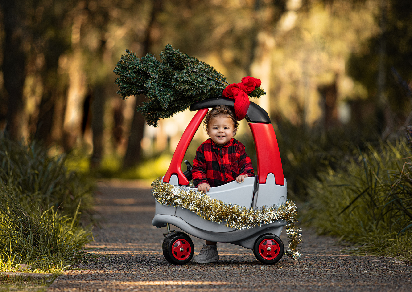 A smiling young child stands inside a decorated toy car with a Christmas tree on top, on a path surrounded by trees and grass.