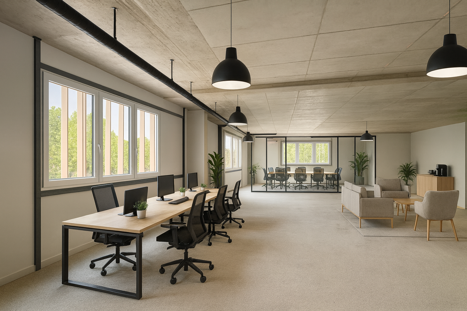 Bureau moderne avec espace de travail, fauteuils, plantes, salle de réunion séparée par une paroi vitrée.