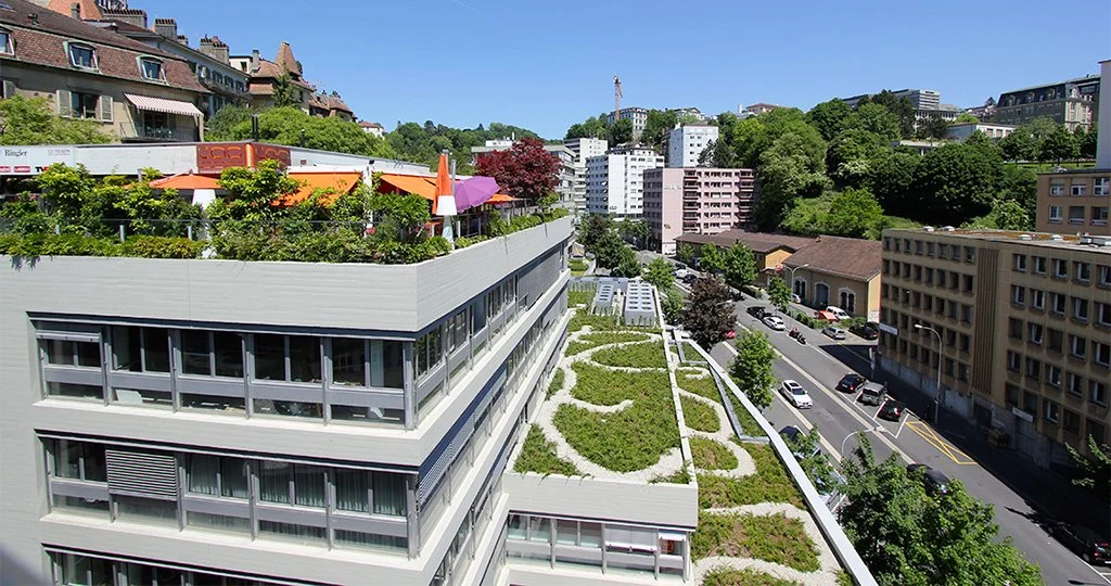 Vue aérienne d'un bâtiment moderne avec un toit terrasse végétalisé et un espace de détente avec parasols colorés à Genève, en Suisse.