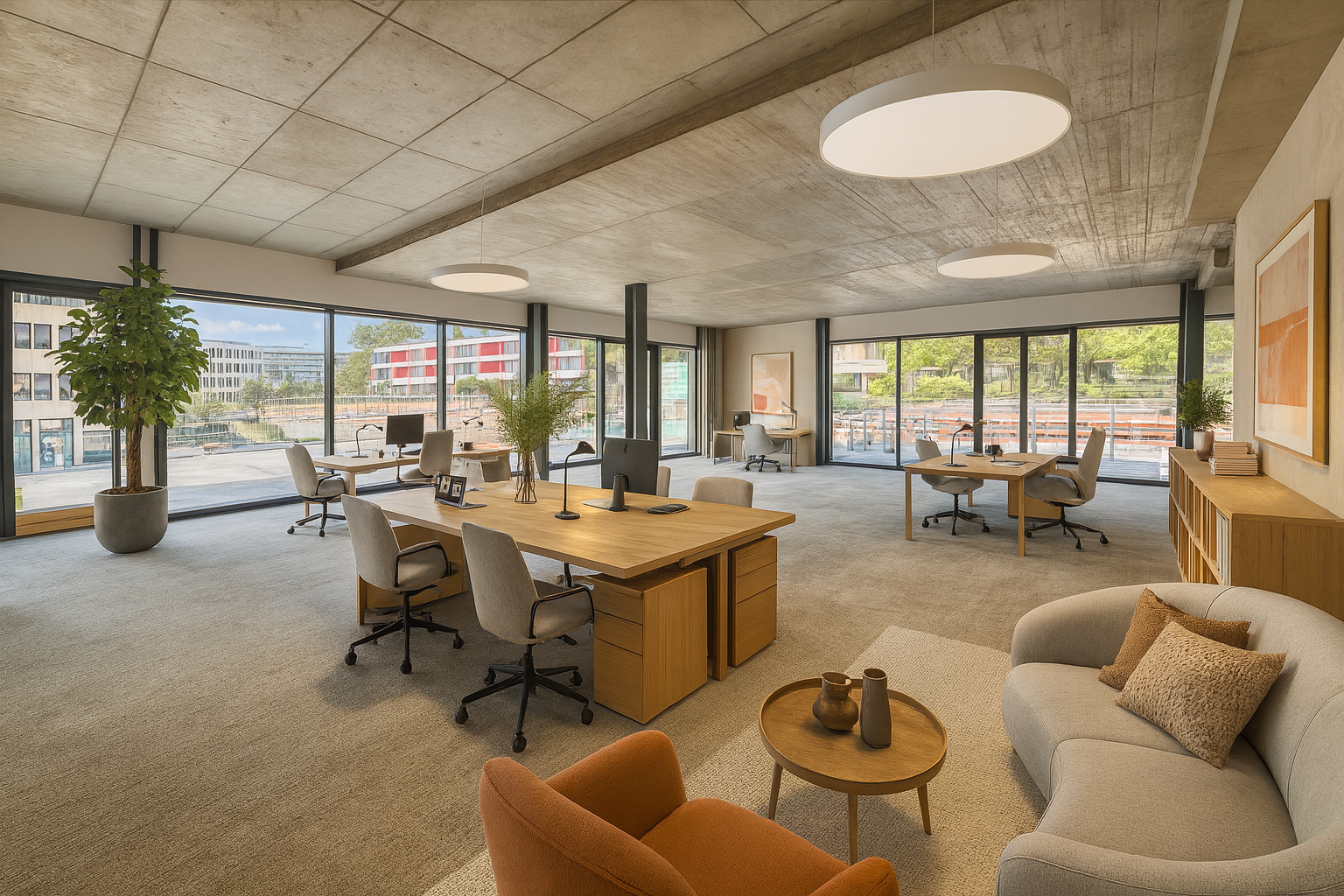 Un bureau moderne spacieux avec plusieurs stations de travail, des fauteuils ergonomiques, une cuisine, des plantes décoratives, un canapé en coin avec des coussins, des œuvres d'art suspendues aux murs, beaucoup de lumière naturelle grâce à de grand