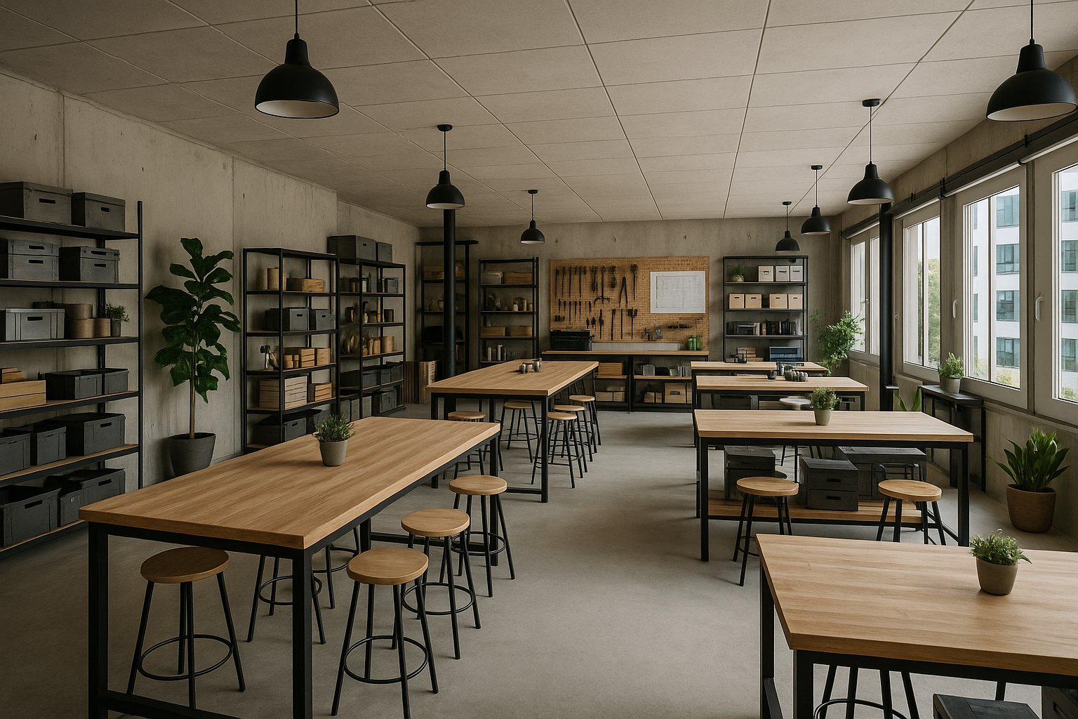 Une salle de travail ou un atelier avec plusieurs tables en bois, des étagères avec des boîtes de rangement, des plantes vertes, et un panneau d'outils murale, éclairée par des lampes suspendues.