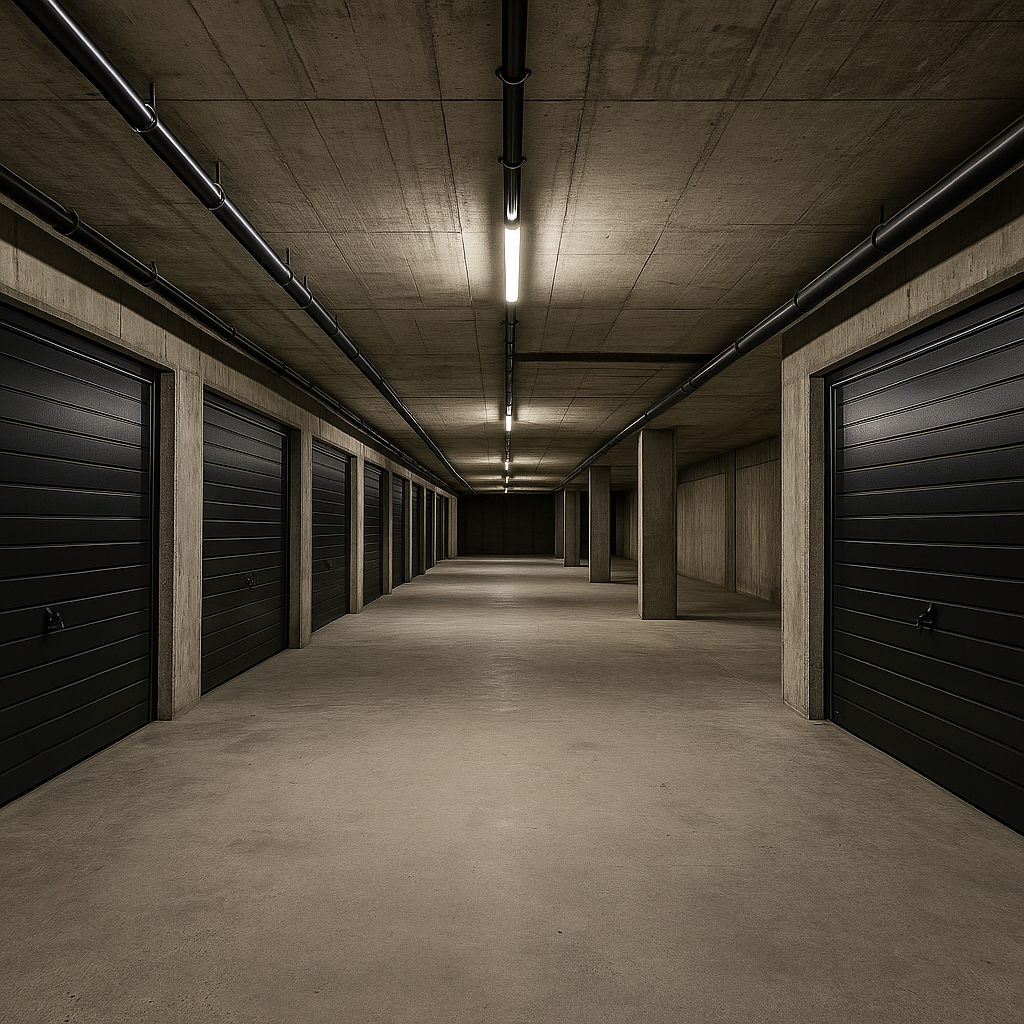 Un parking souterrain vide avec des portes de garage en métal noir et un plafond en béton avec des conduits d'air.