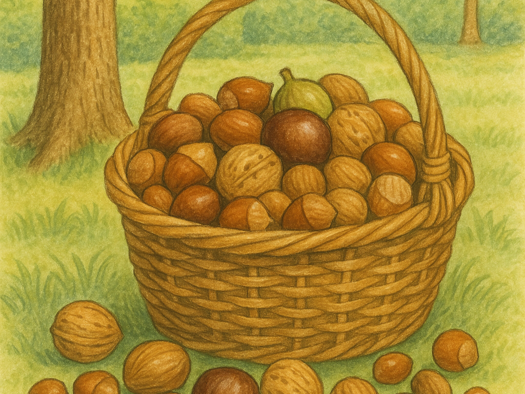 Ein Korb voller Walnüsse auf einer grünen Wiese vor einem Baum.