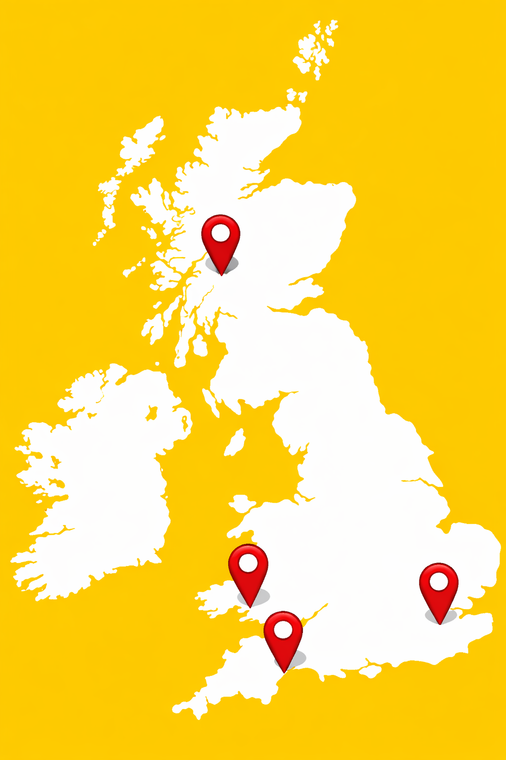 Map of the United Kingdom and Ireland with four location markers placed in different regions, over a yellow background.