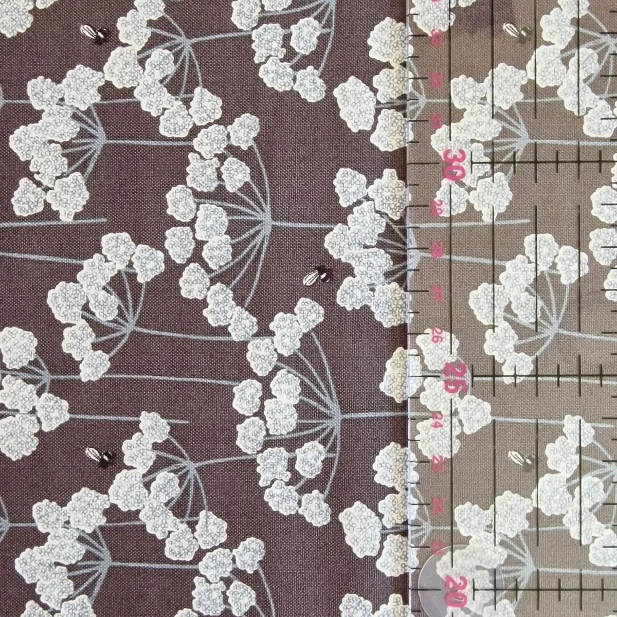 Lewis and Irene cotton fabric in dark grey with ruler over the pattern to show scale and measurements