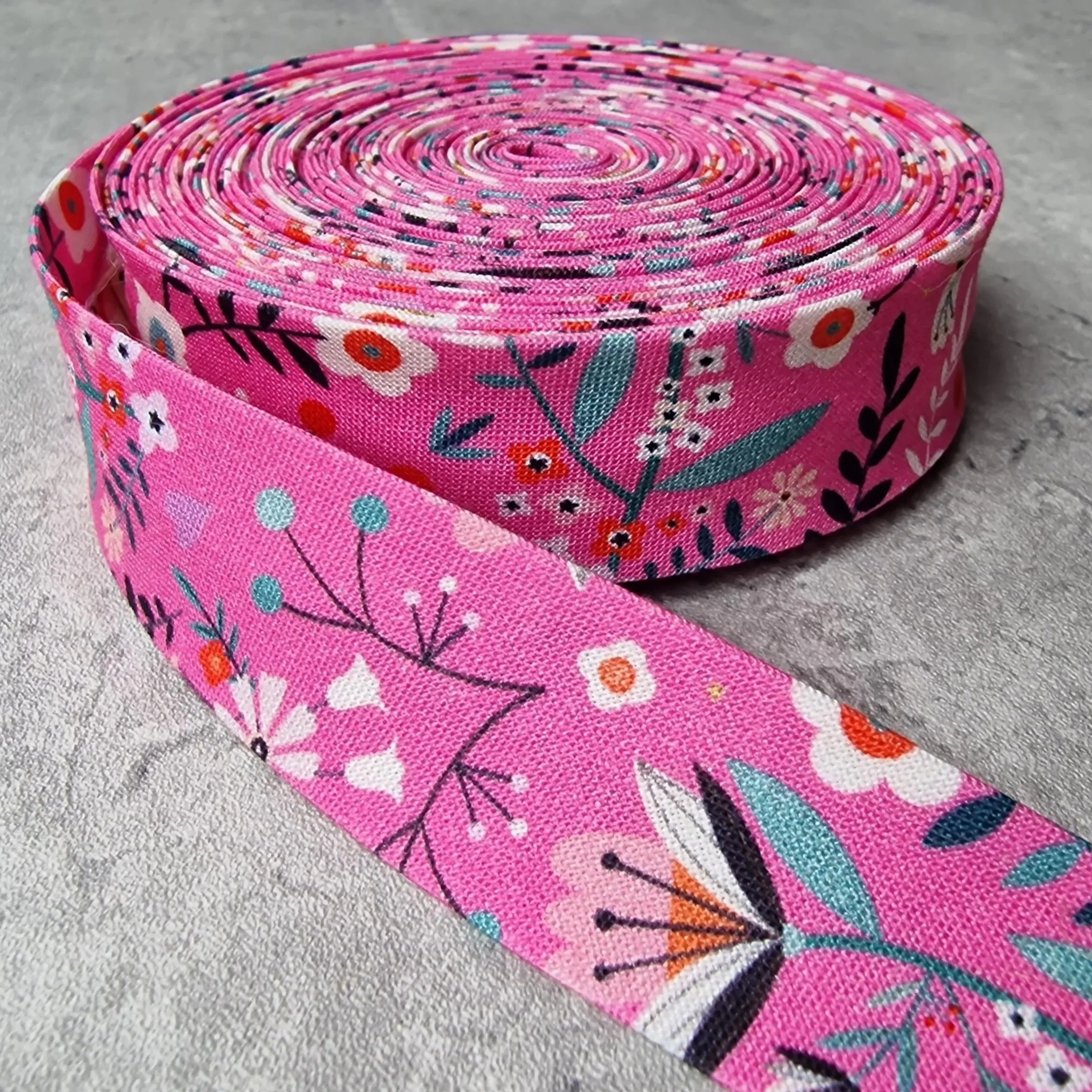 Dashwood Studio Rich Pink Floral and Bird Cotton Bias Binding Tape, Stretchy, 25mm