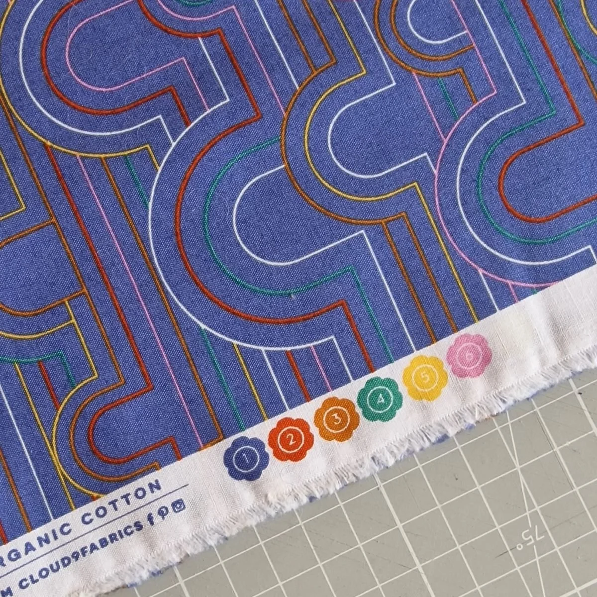 Blue background fabric with geometric lines in red, white and yellow.