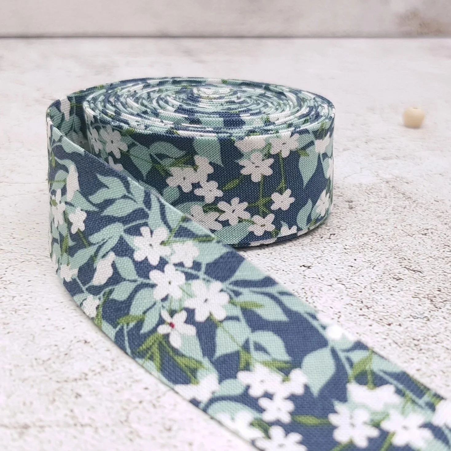 Riley Blake Blue, White & Green Floral Bias Binding Tape, 25mm, Single or Double Fold