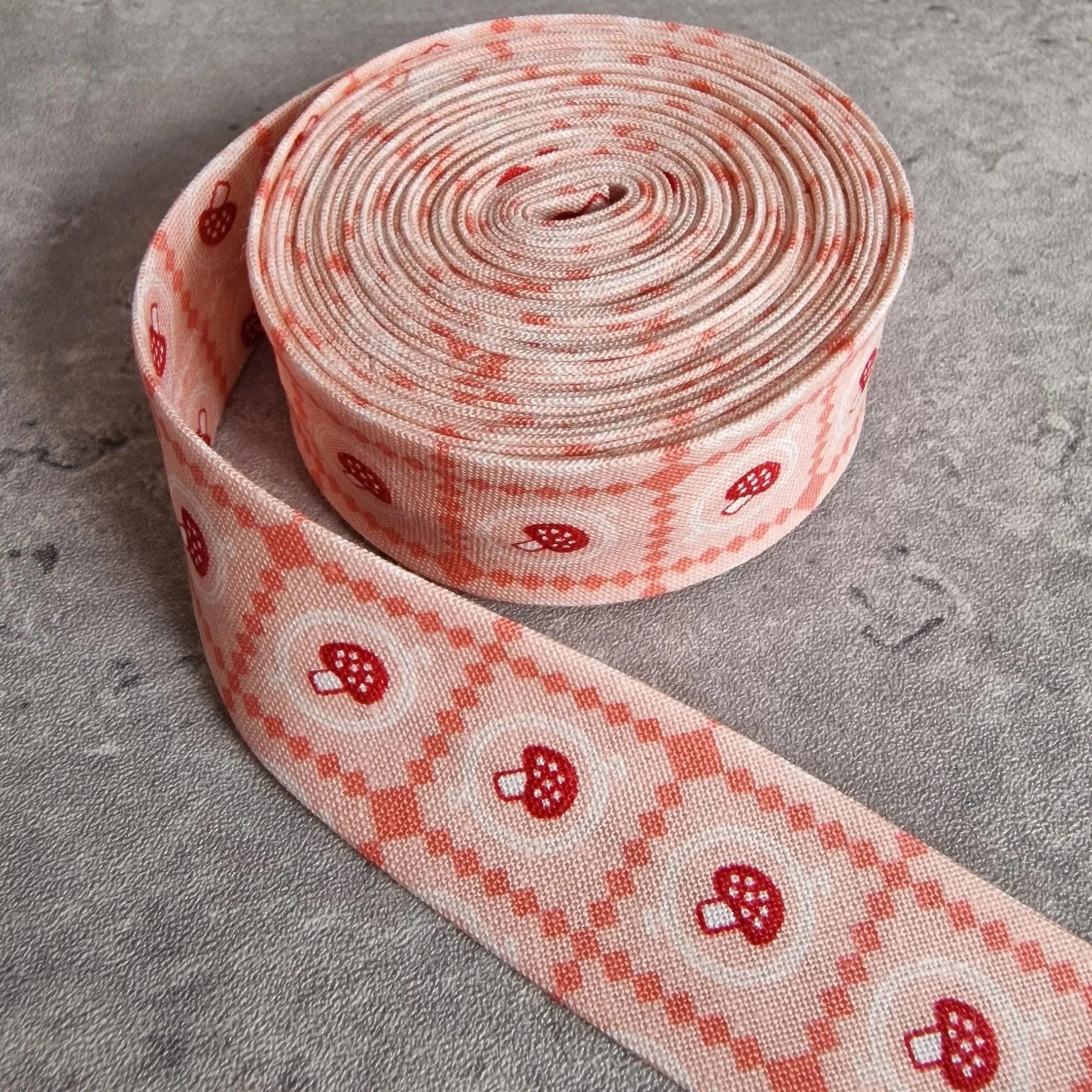 Riley Blake Pink Cotton Bias Binding Tape with Red Mushrooms, 25mm