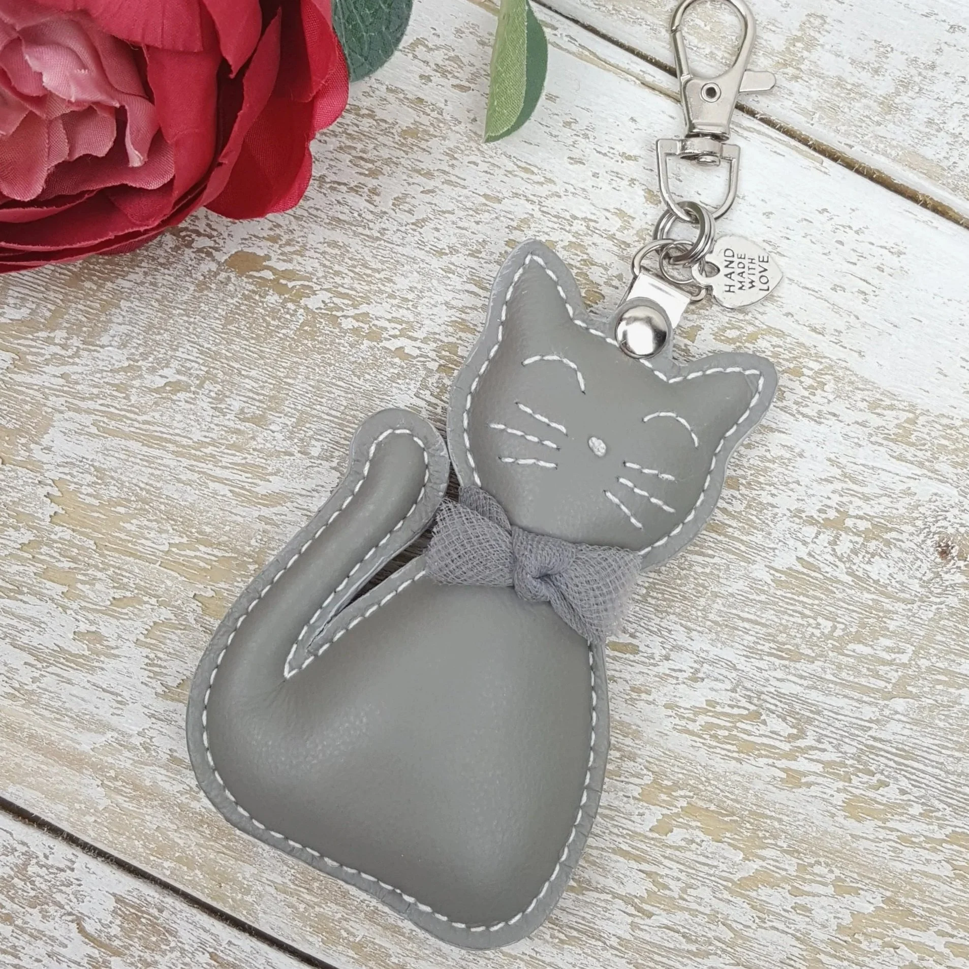 Handmade genuine leather cat keychain and bag charm