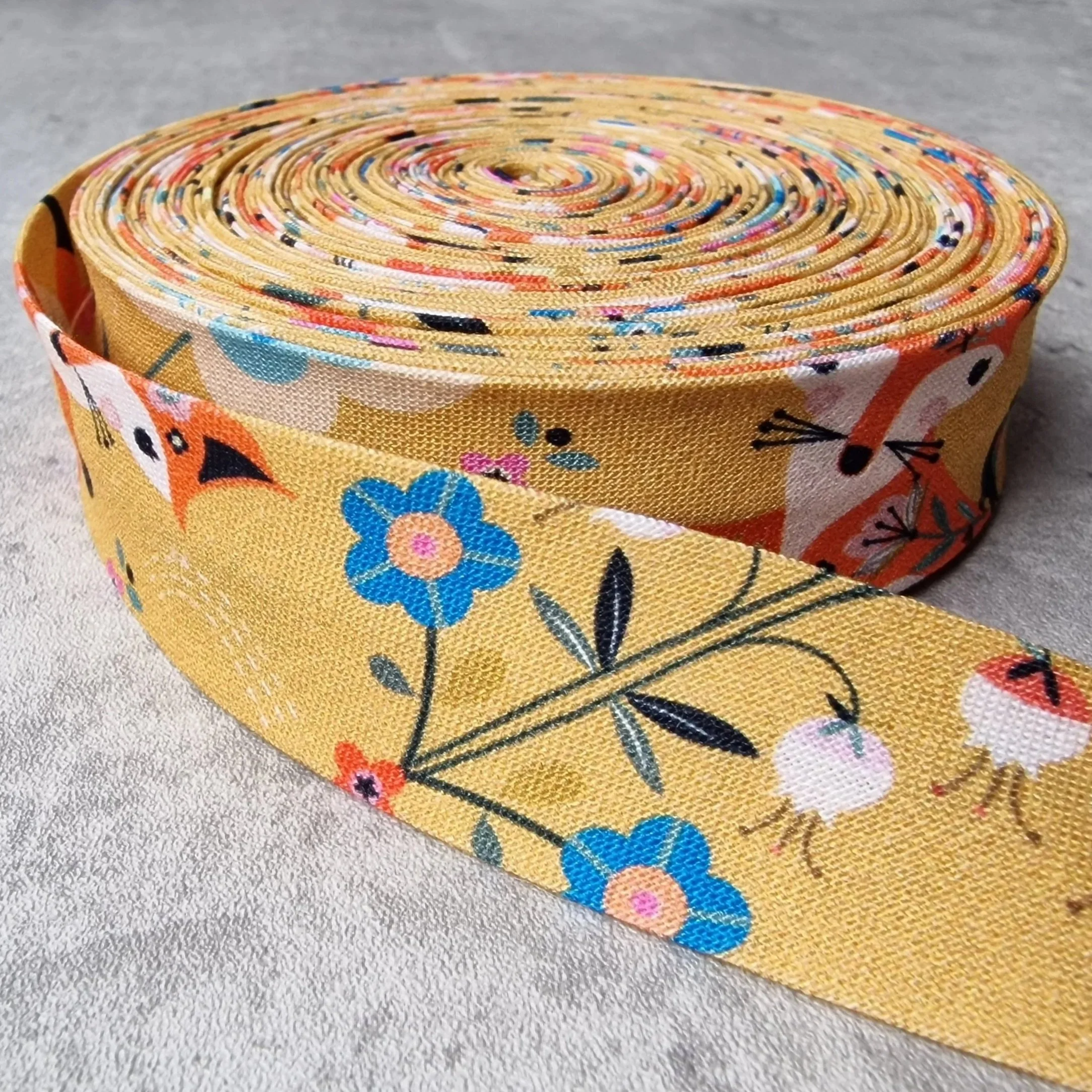 Dashwood Studio Animal Magic Yellow Bias Binding Tape – Handmade Floral & Fox Design (Sold by Metre or Yard)