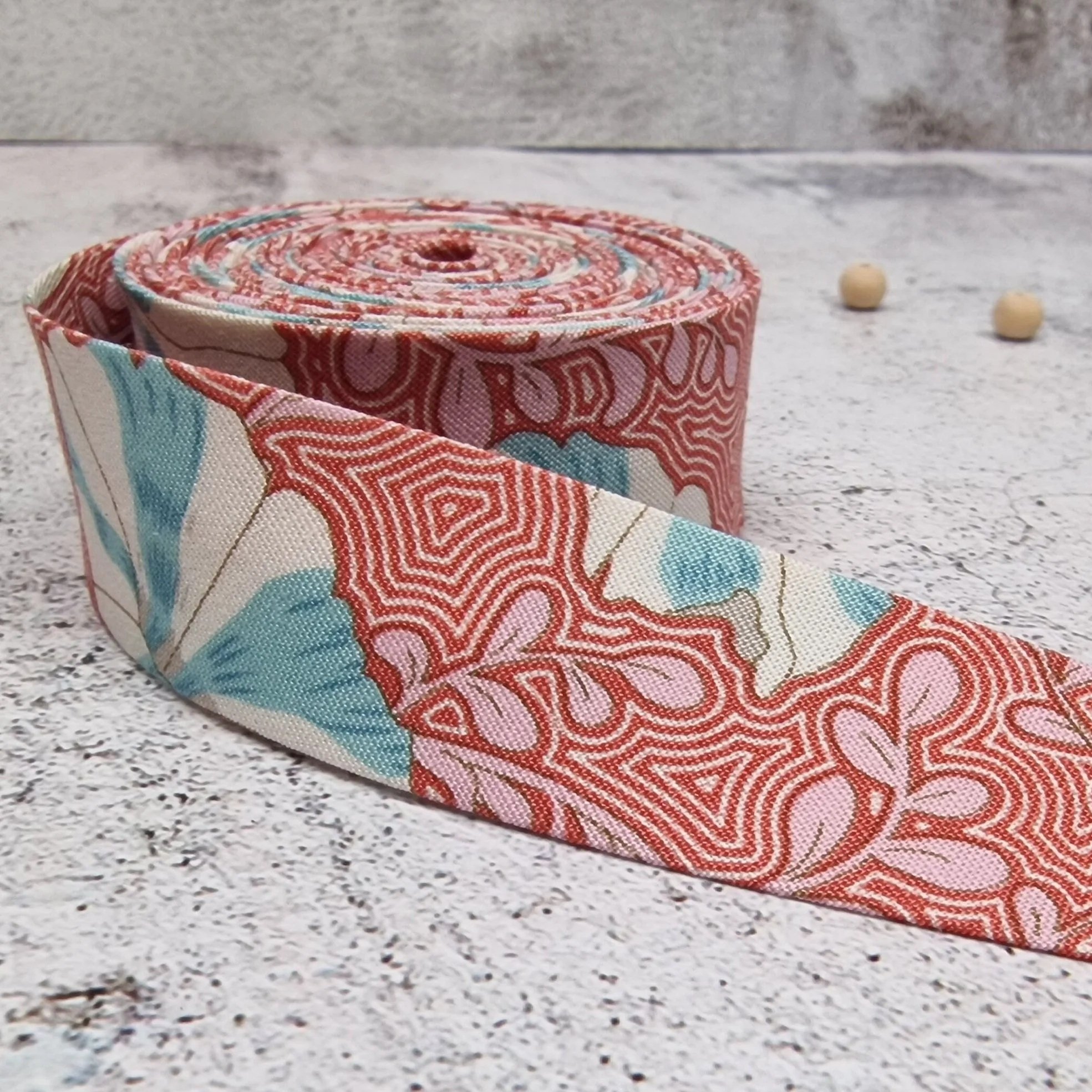 Tilda Gardenlife Coral Blue Floral Cotton Bias Binding Tape, Sold by Metre or Yard