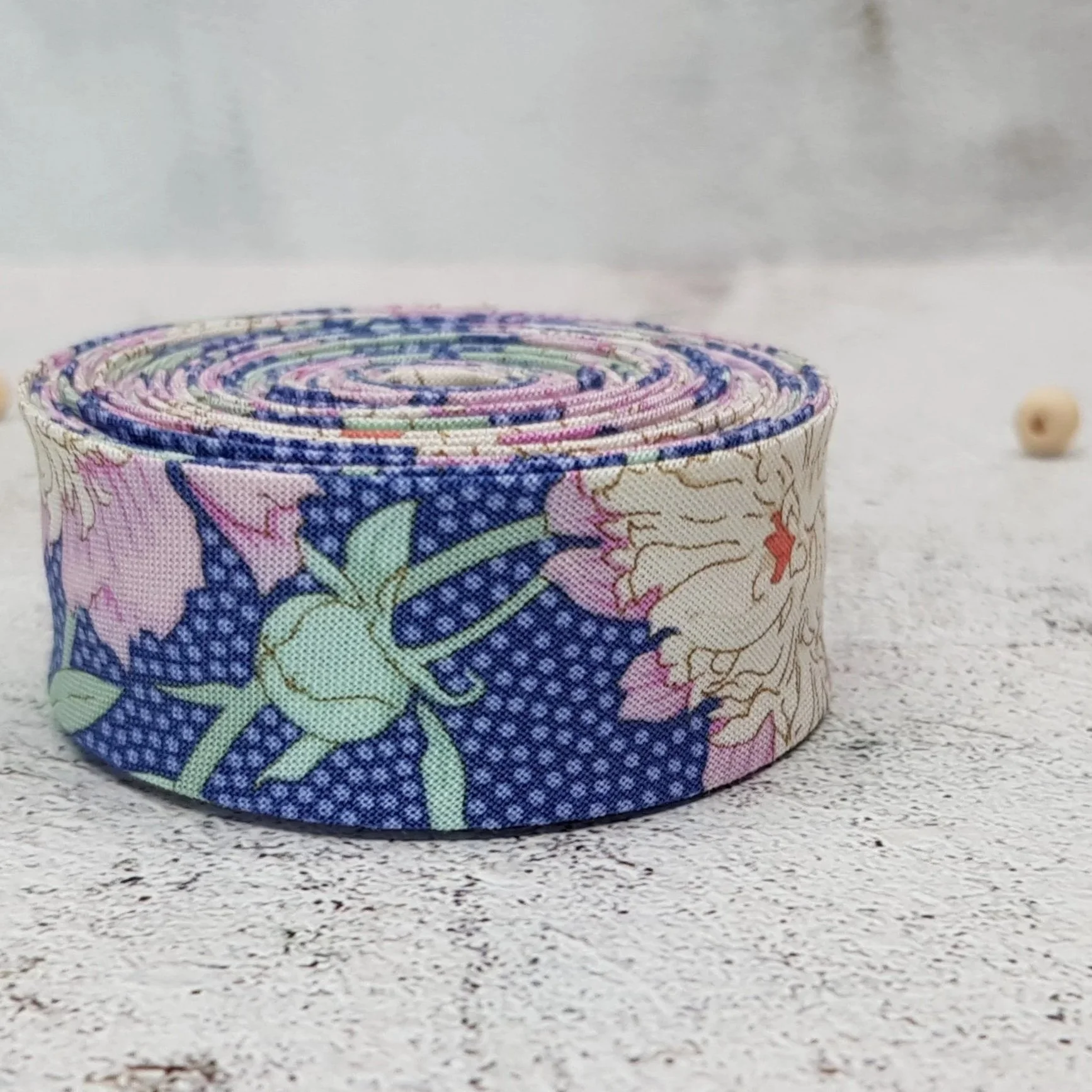 Tilda Gardenlife Blue Cotton Bias Binding Tape with Flowers and Dots, 25mm