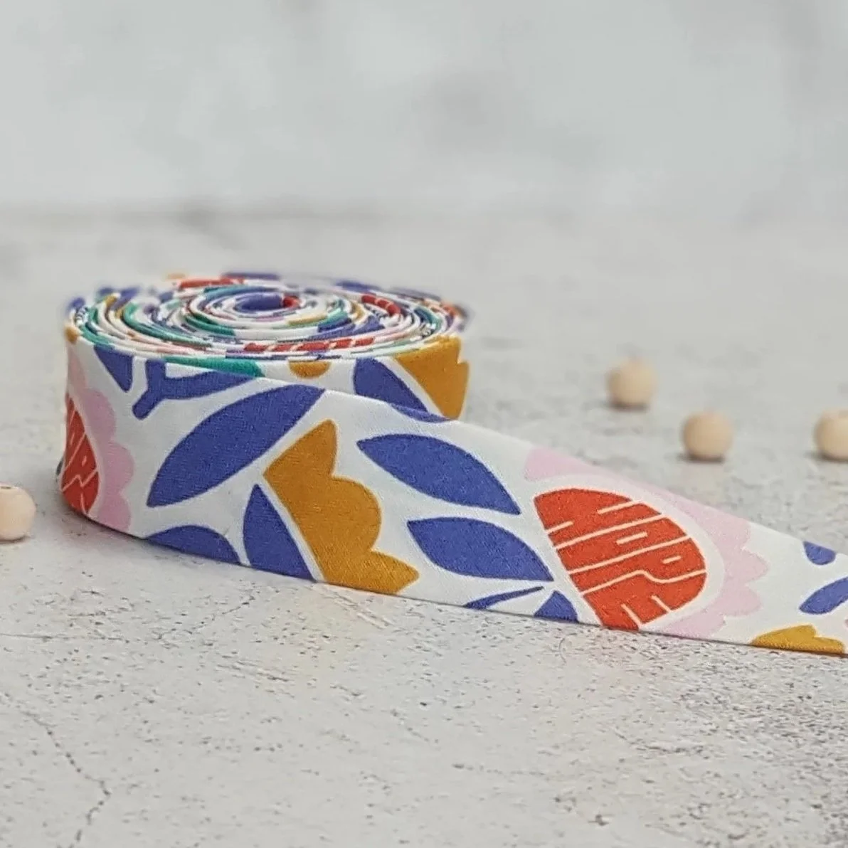 White Multicolour Elastic Organic Cotton Bias Binding Tape – 25mm, Cloud 9 Fabrics