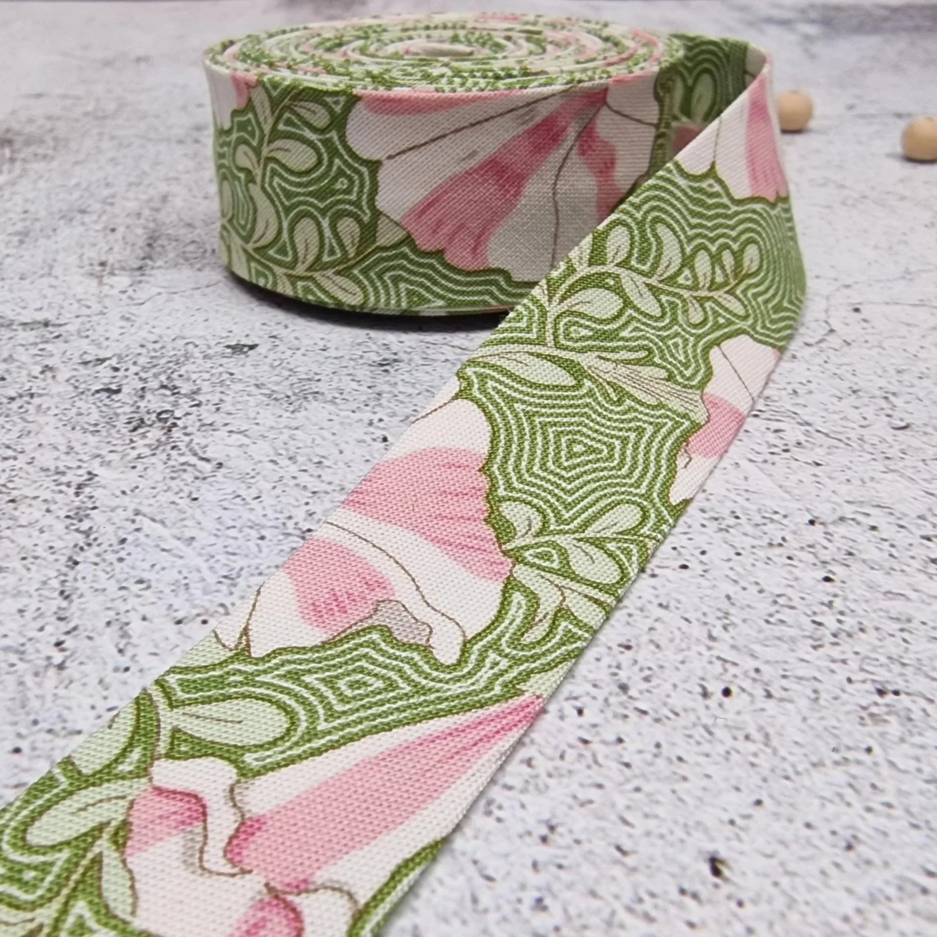 Tilda Green Cotton Bias Binding Tape with Pink Flowers, Single or Double Fold