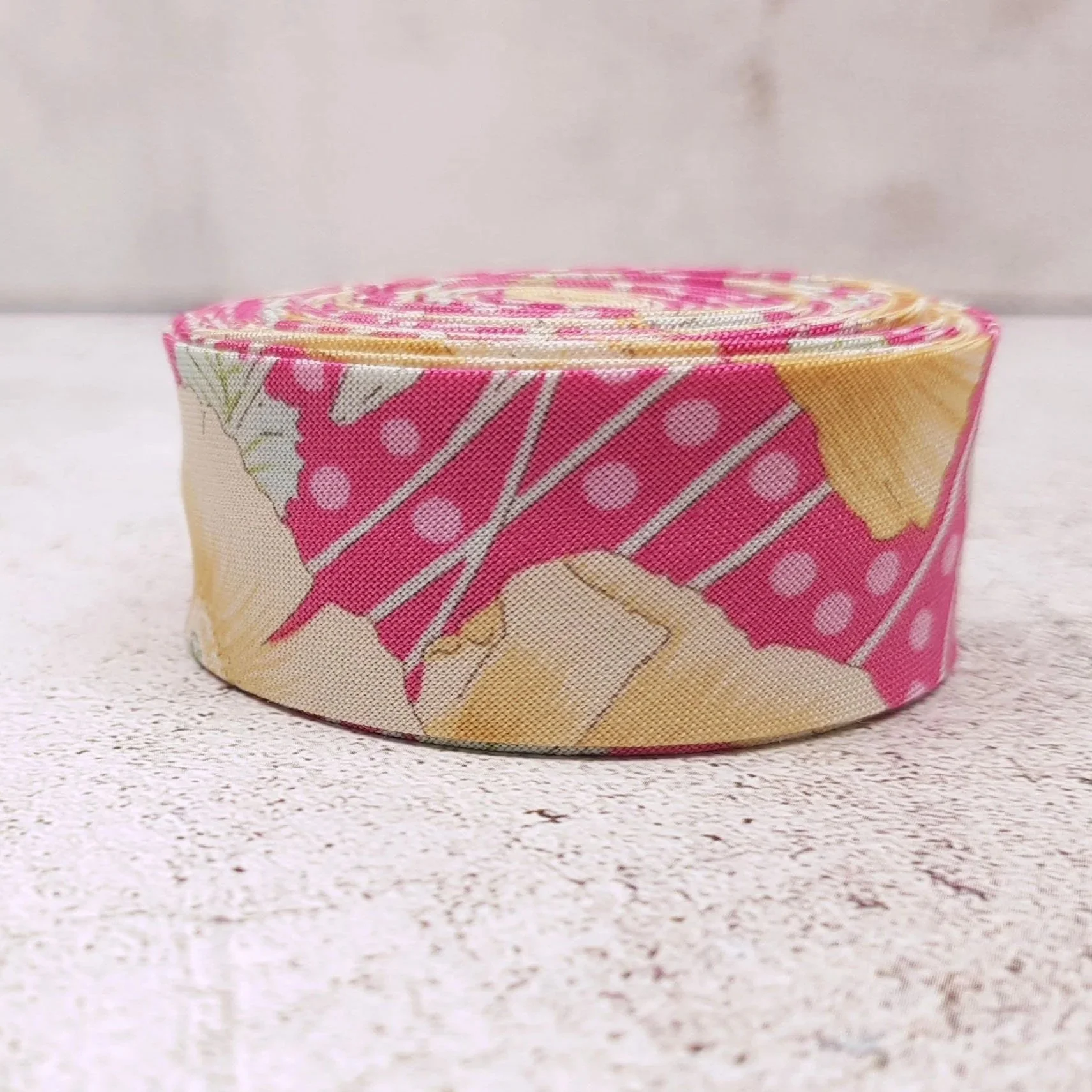 Tilda Pink Elastic Cotton Bias Tape with Yellow Flowers
