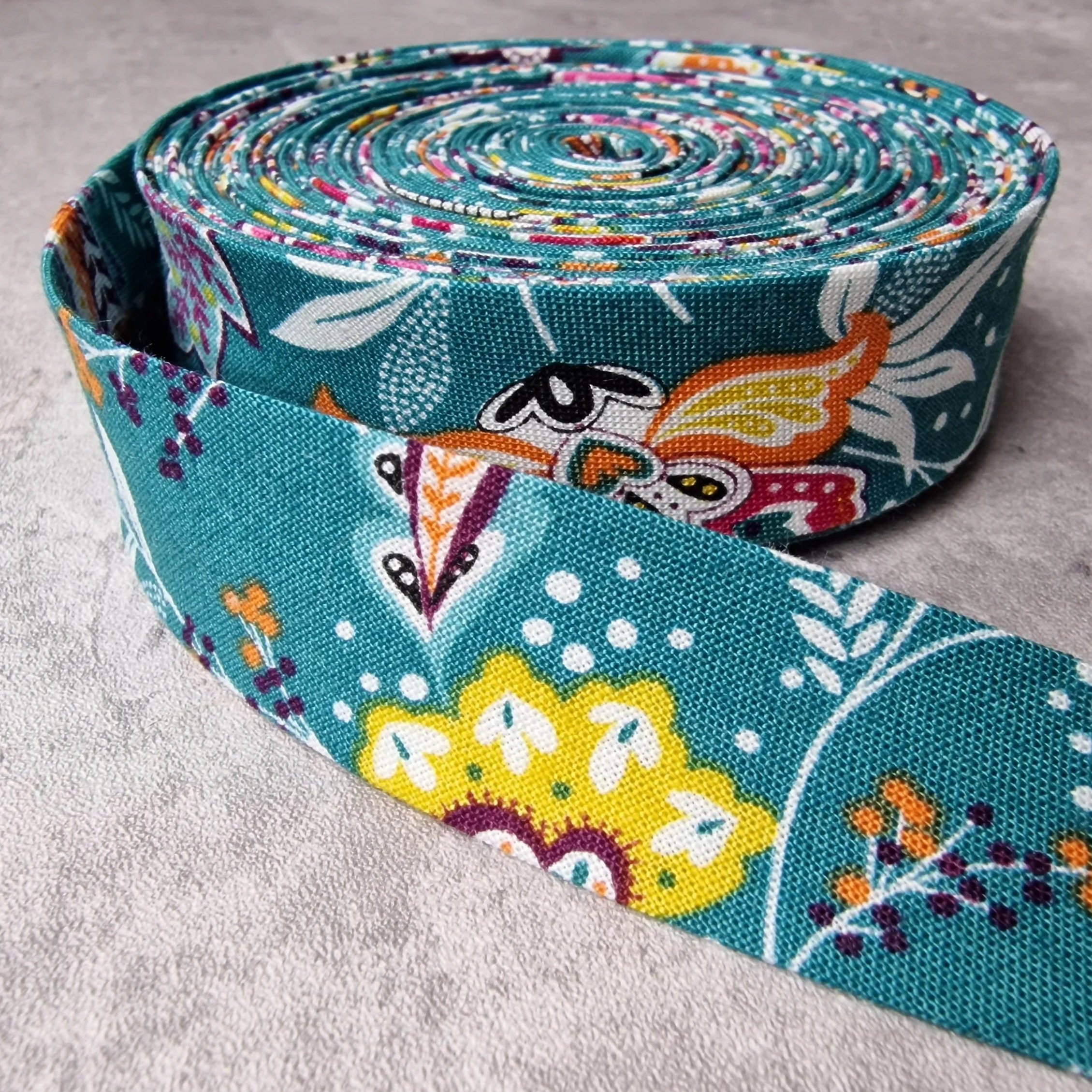 Makower Teal Blue Cotton Bias Binding Tape with Multicolour Florals, Handmade, 25mm Elastic